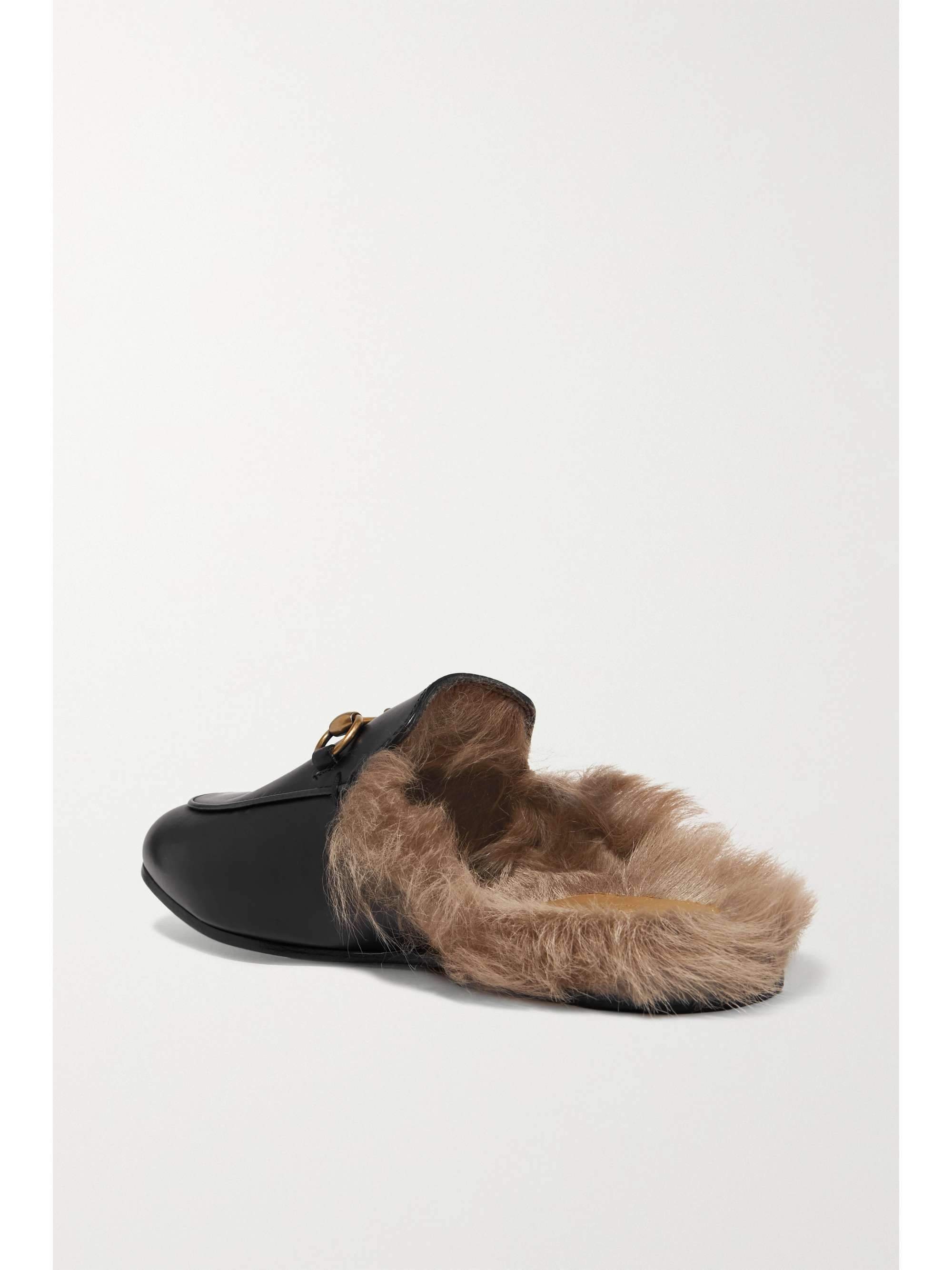 Black Princetown horsebit-detailed shearling-lined leather slippers | GUCCI  | NET-A-PORTER