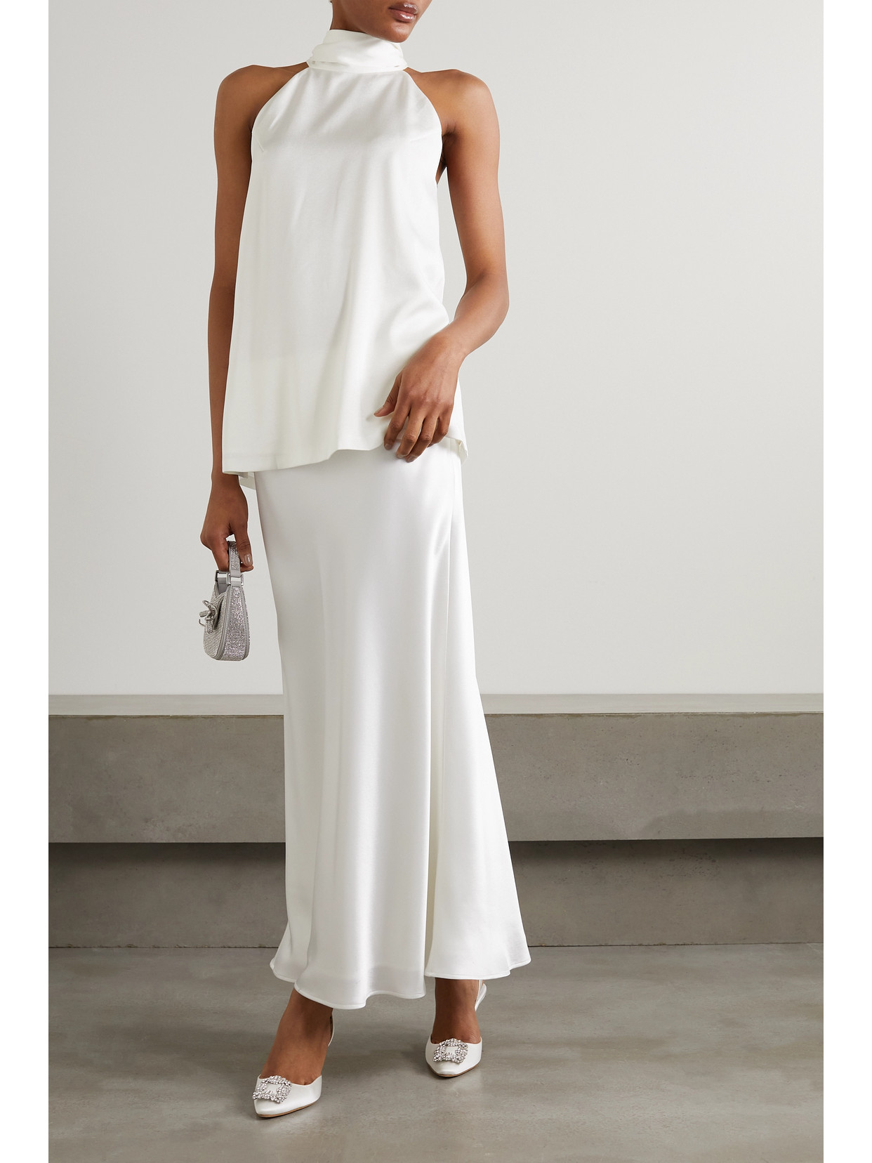 Shop Galvan Satin Halterneck Top In White