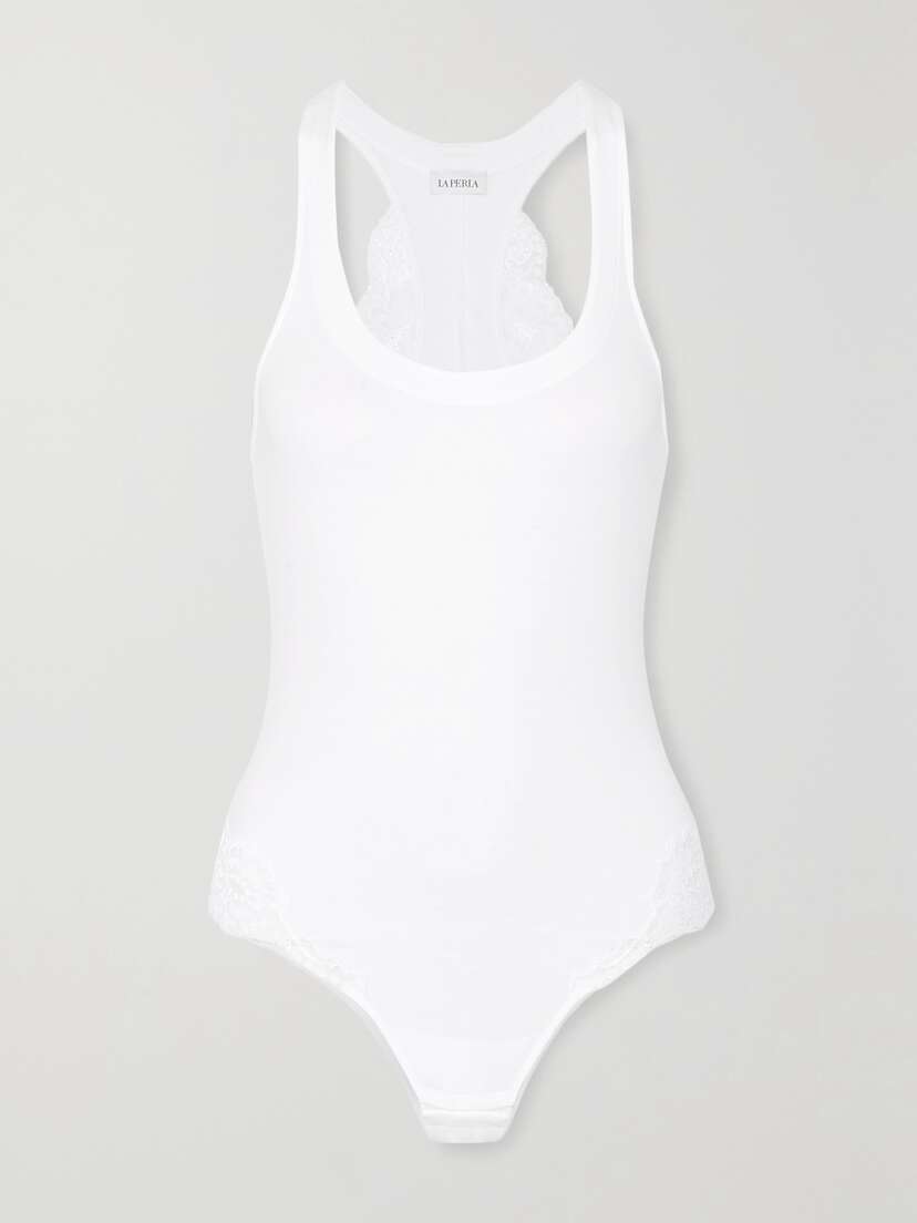La Perla Souple Lace-trimmed Stretch Cotton-blend Jersey Bodysuit