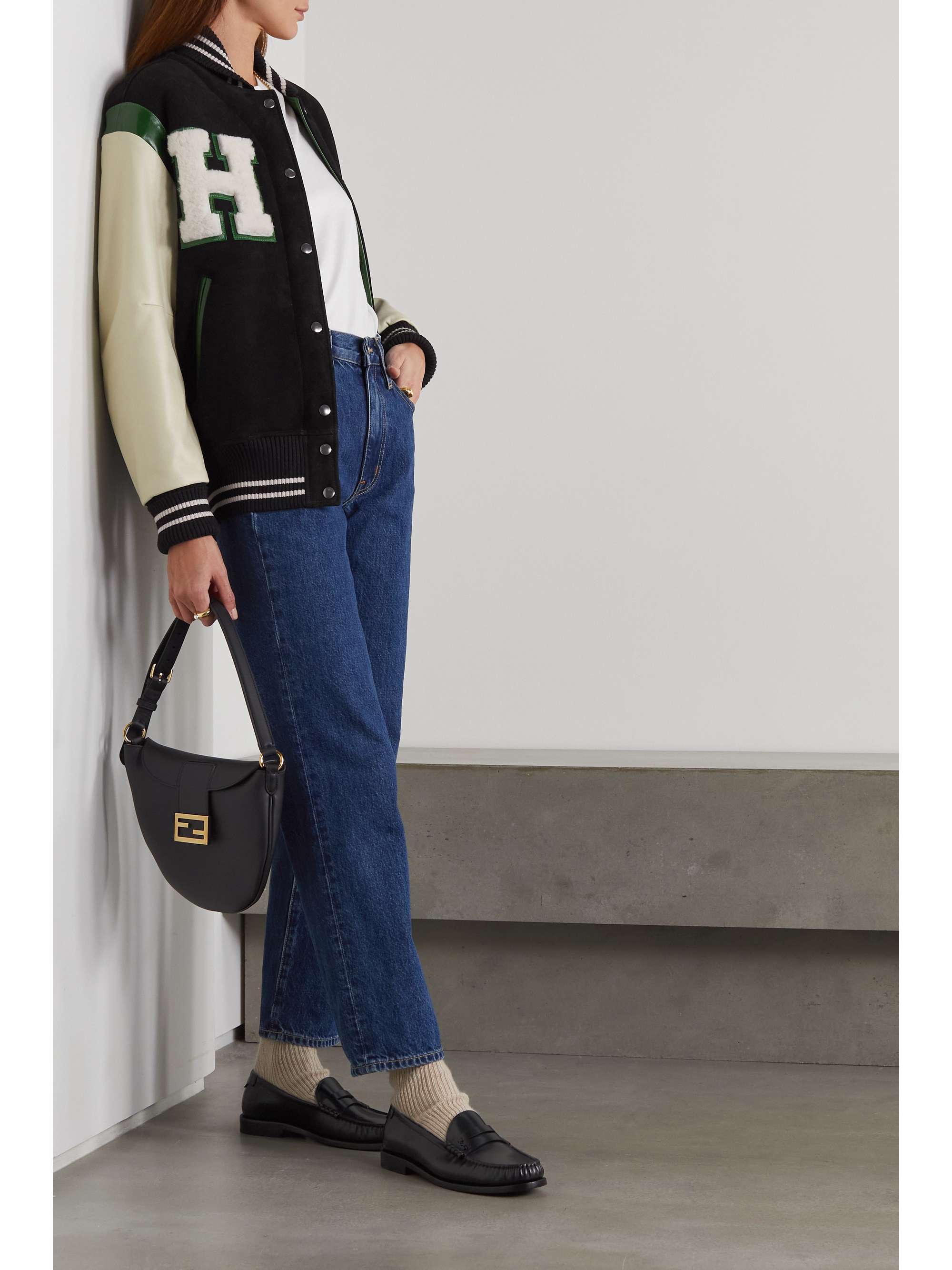 HALFBOY Shearling-trimmed suede and leather bomber jacket