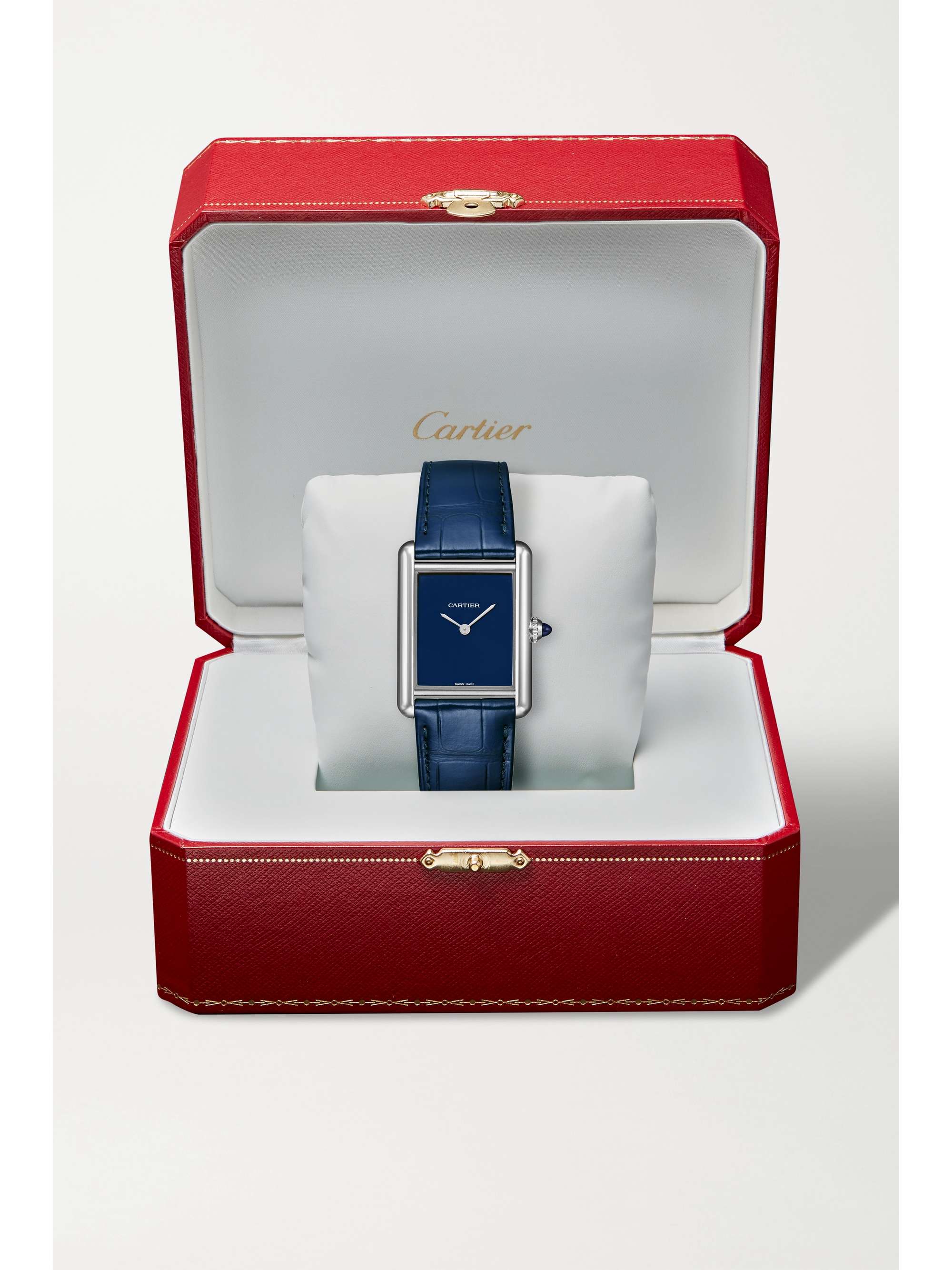 CARTIER Montre en acier inoxydable à bracelet en alligator Tank Must, 34 mm