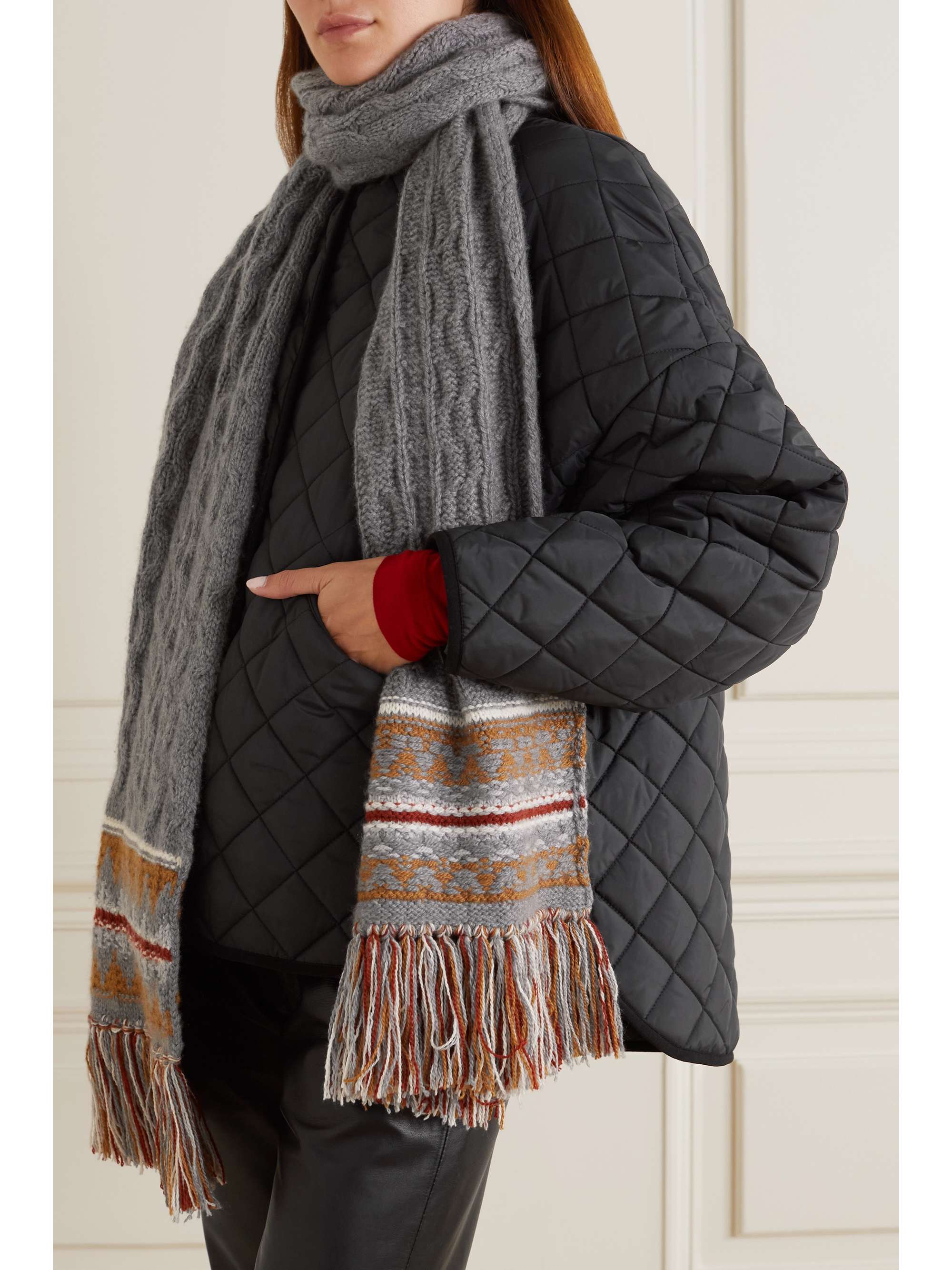 LORO PIANA Fringed cable-knit intarsia cashmere scarf