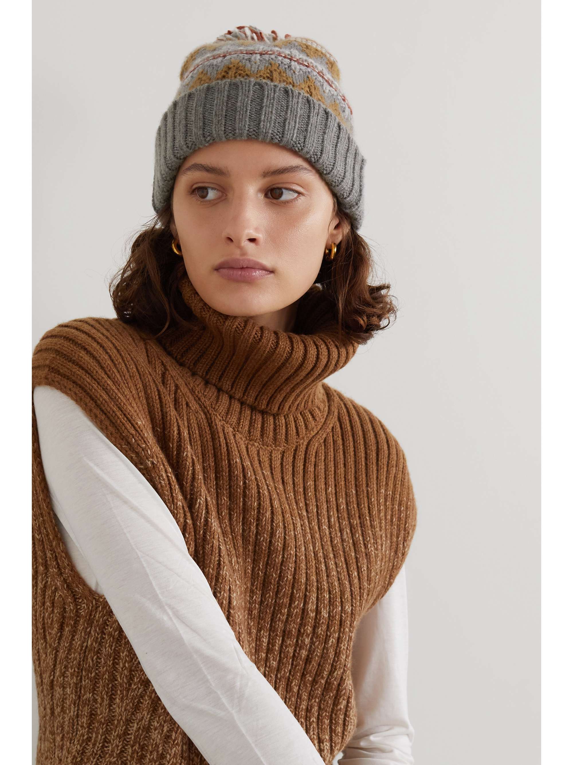LORO PIANA Pompom-embellished argyle cashmere beanie
