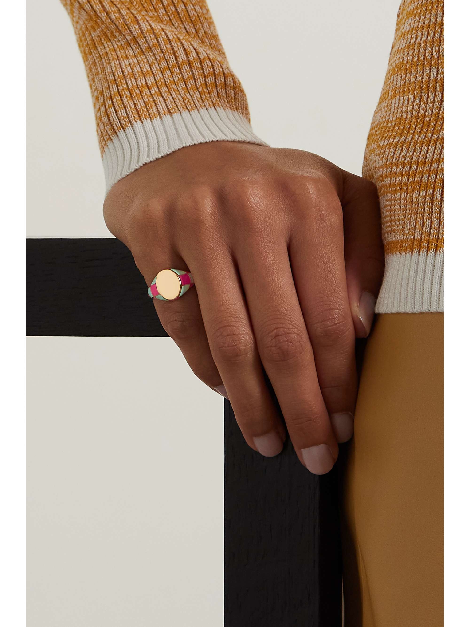 ALISON LOU Checker 14-karat gold and enamel ring