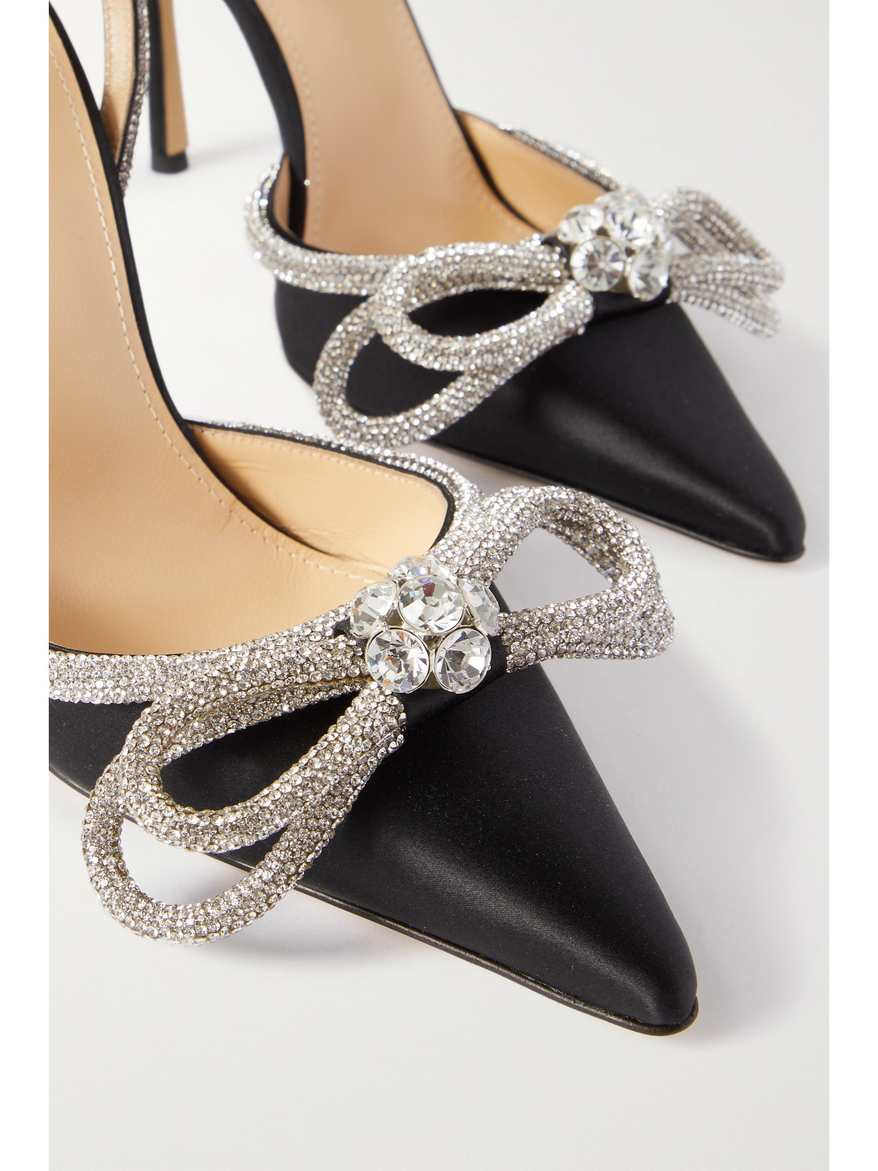Mach&mach Double Bow Crystal-embellished Silk-satin Point-toe Pumps In Black