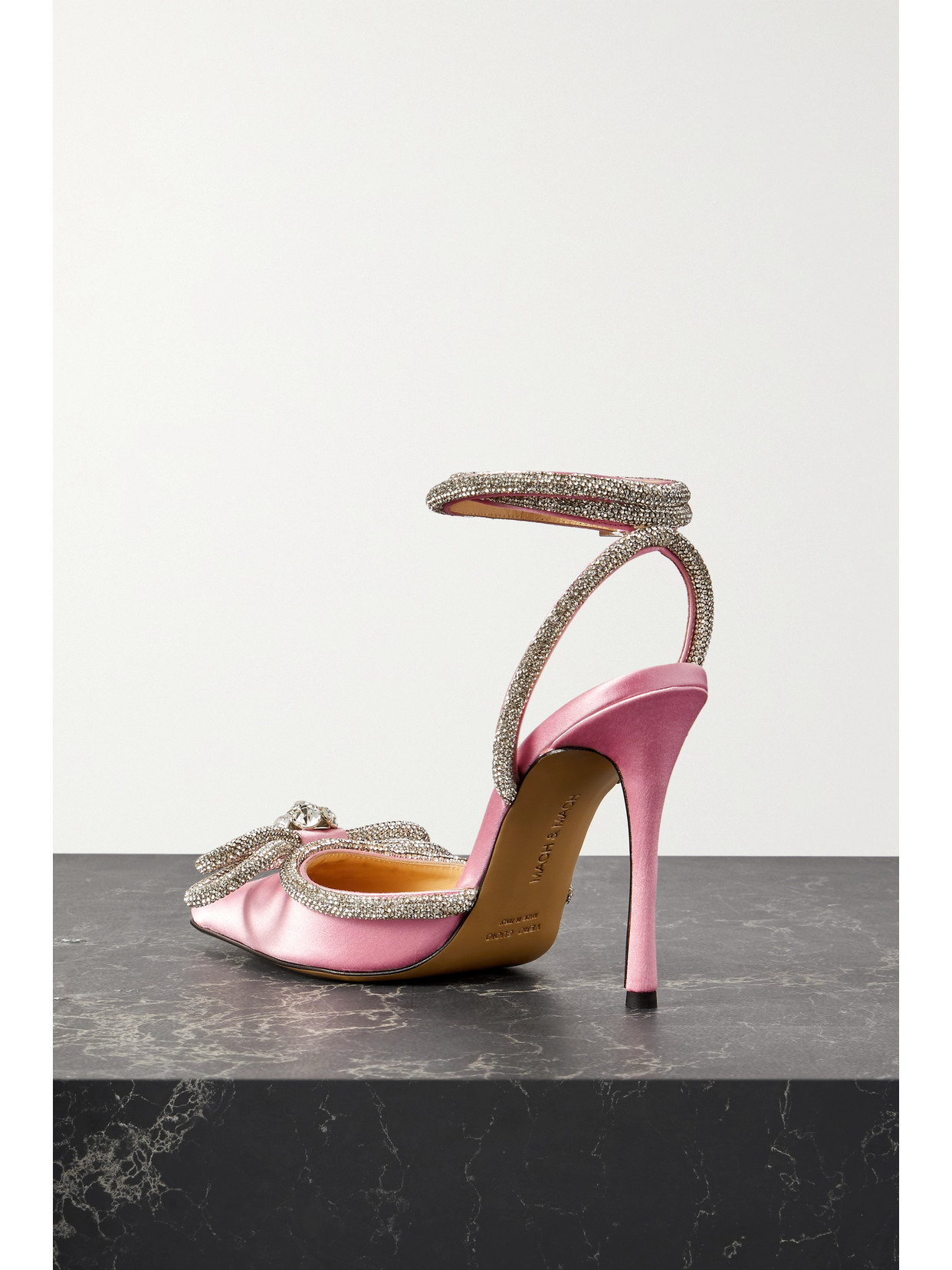 Mach&mach Double Bow Crystal-embellished Silk-satin Point-toe Pumps In Pink