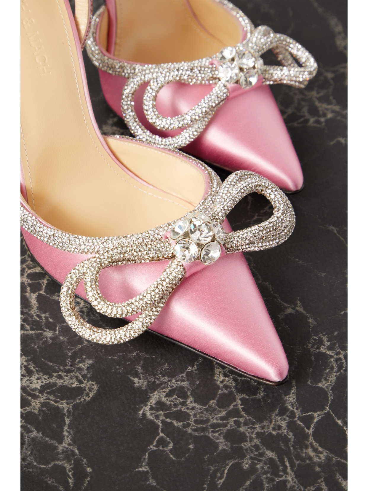 Mach&mach Double Bow Crystal-embellished Silk-satin Point-toe Pumps In Pink
