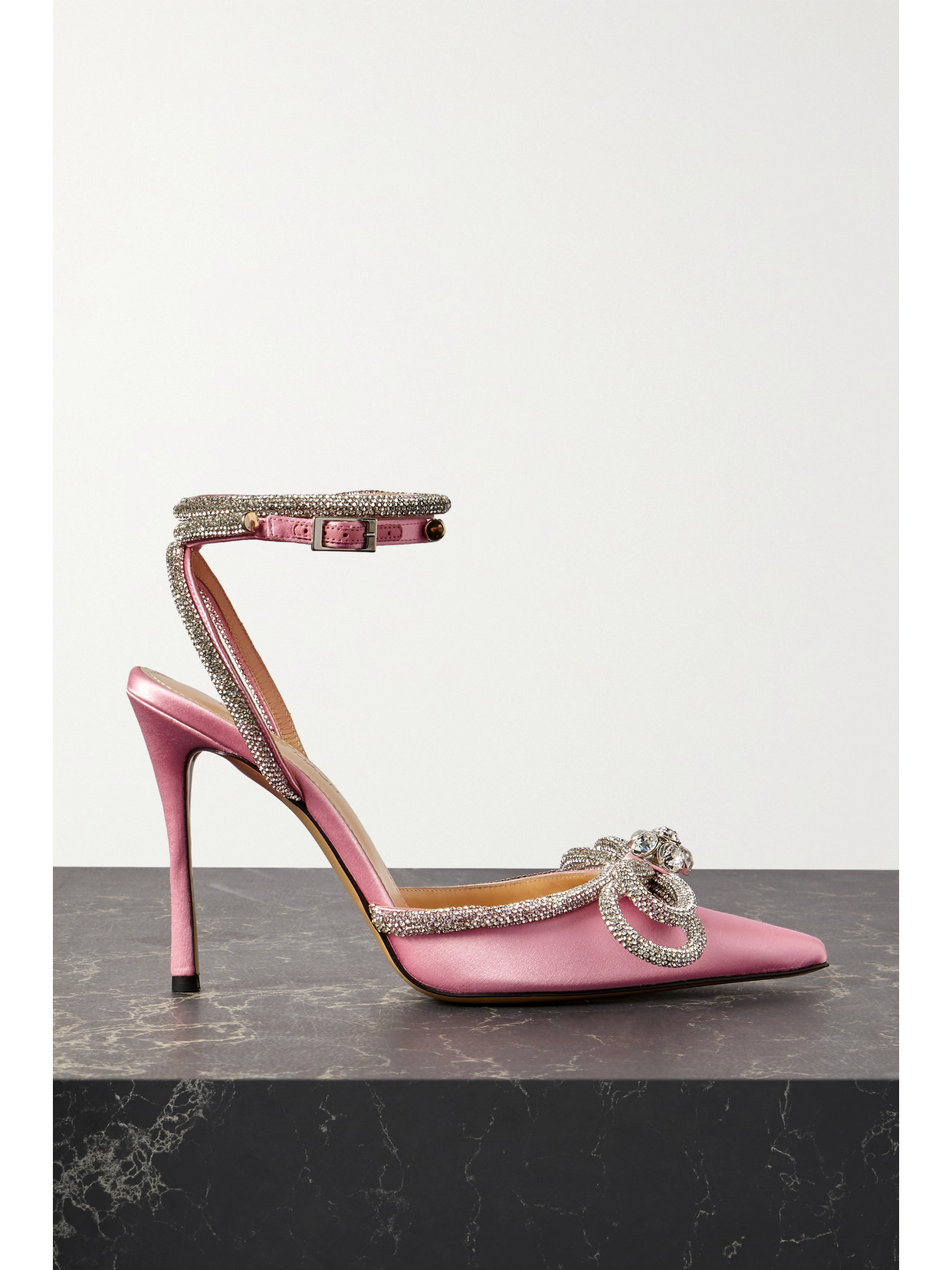Mach&mach Double Bow Crystal-embellished Silk-satin Point-toe Pumps In Pink