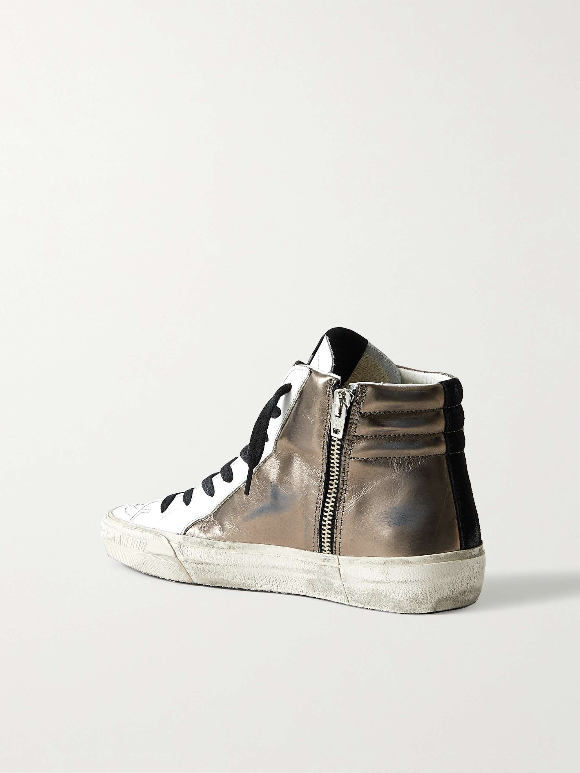 GOLDEN GOOSE Slide distressed suede-trimmed leather and Lurex high-top sneakers