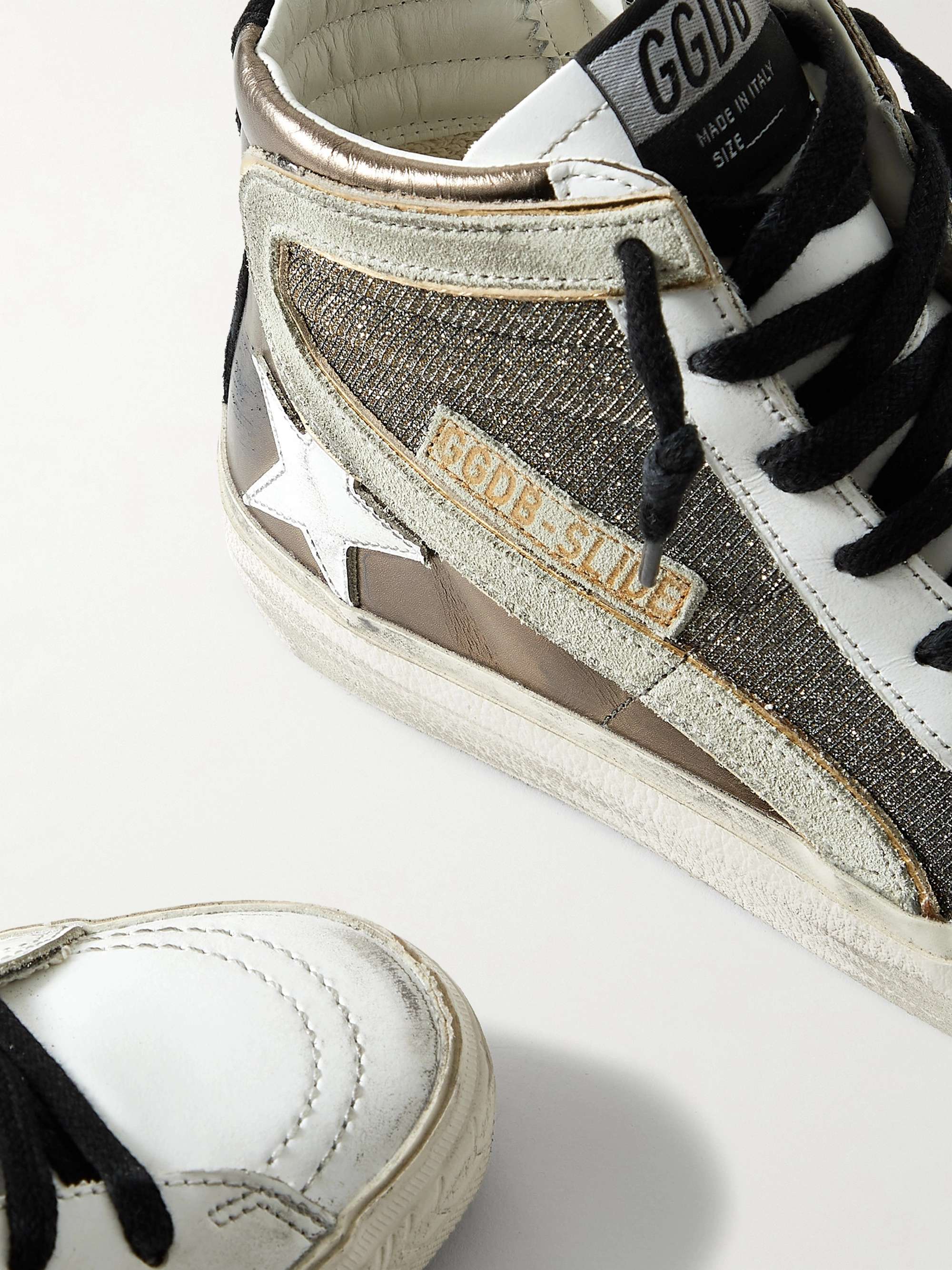 GOLDEN GOOSE Slide distressed suede-trimmed leather and Lurex high-top sneakers