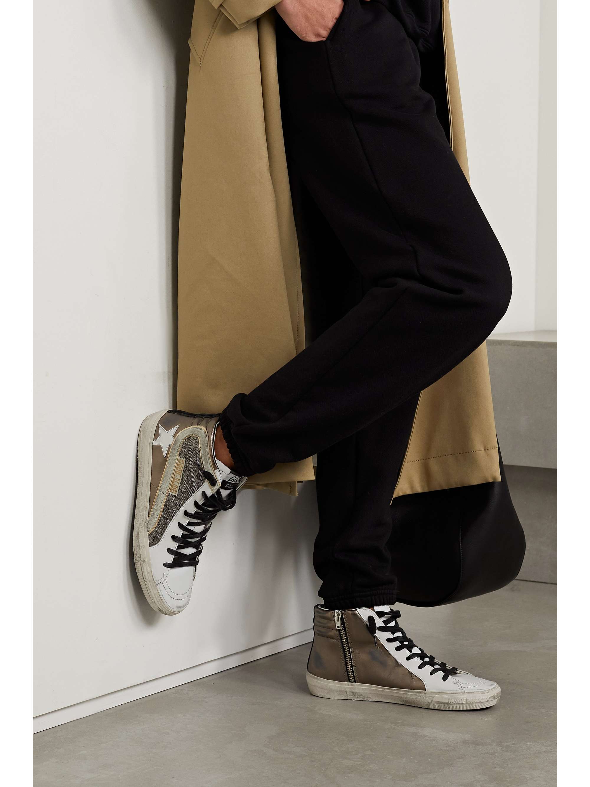 GOLDEN GOOSE Slide distressed suede-trimmed leather and Lurex high-top sneakers