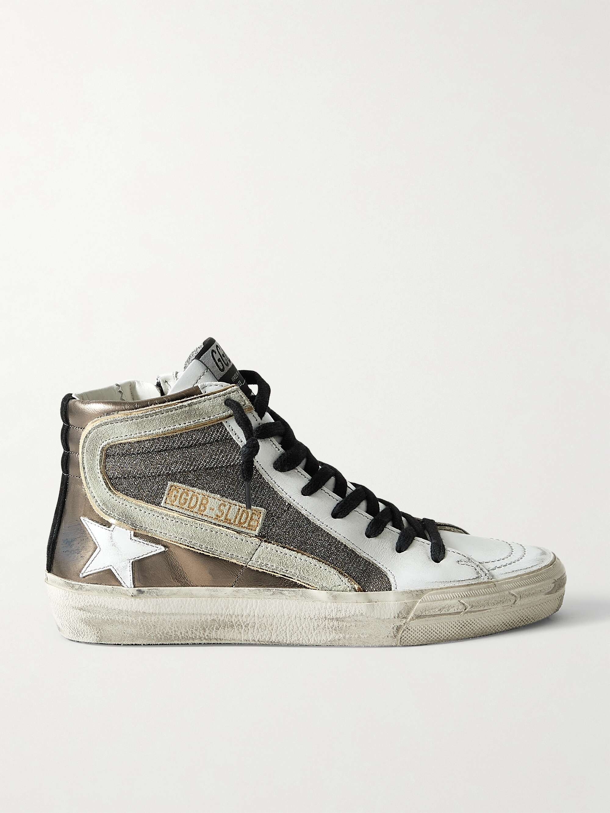 GOLDEN GOOSE Slide distressed suede-trimmed leather and Lurex high-top ...