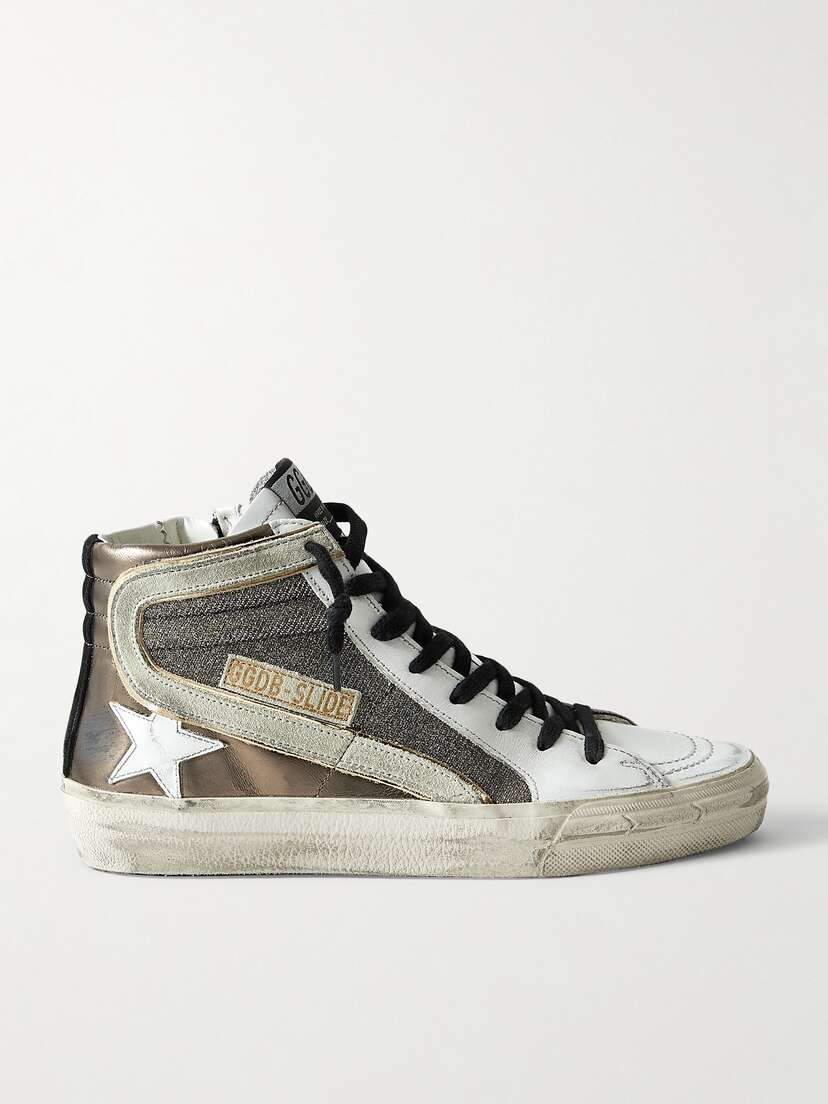 Golden Goose Slide Distressed Suede-trimmed Leather And Lurex High-top Sneakers
