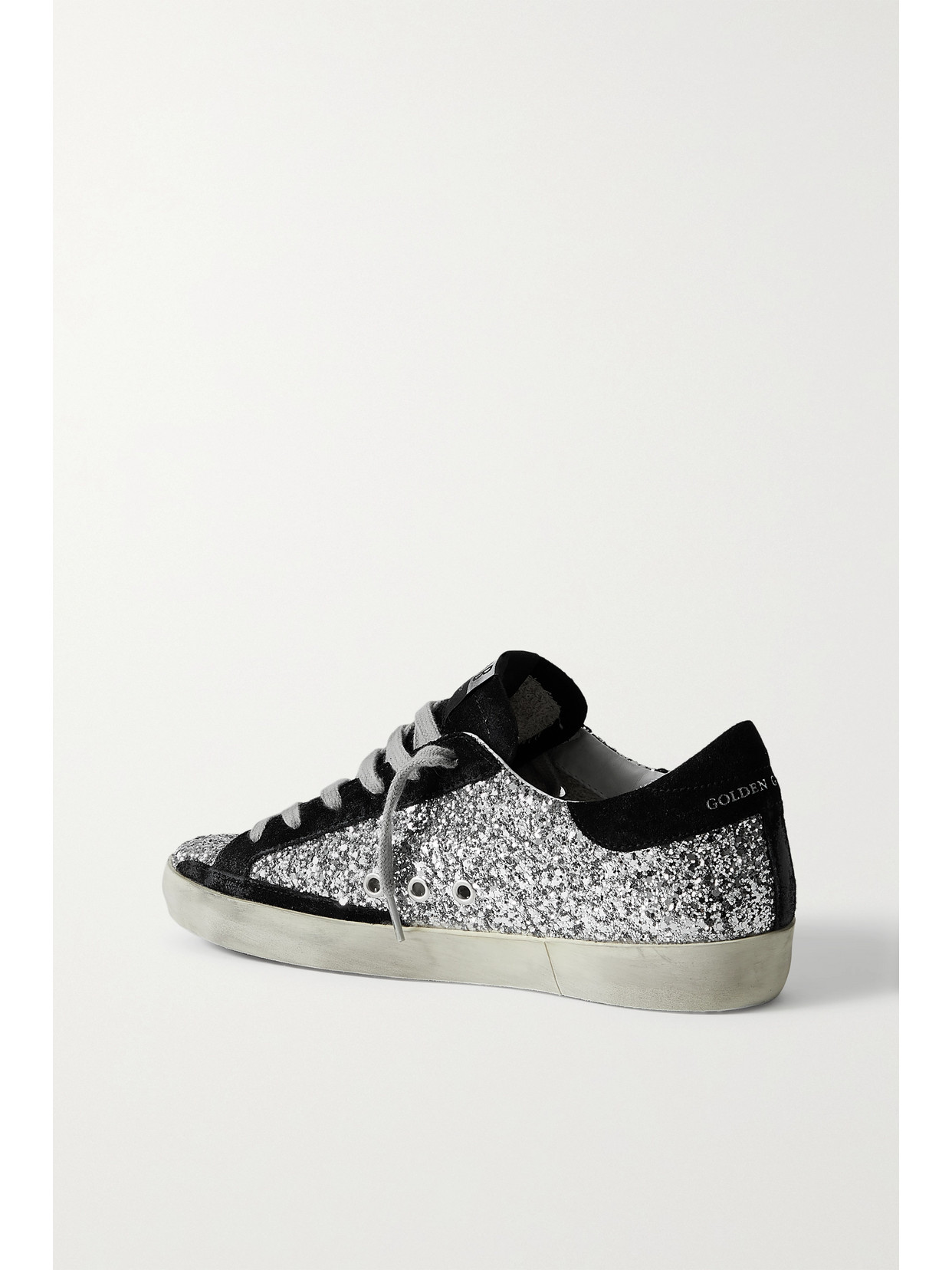 Golden Goose Superstar Distressed Glittered Leather And Suede Sneakers In Silver