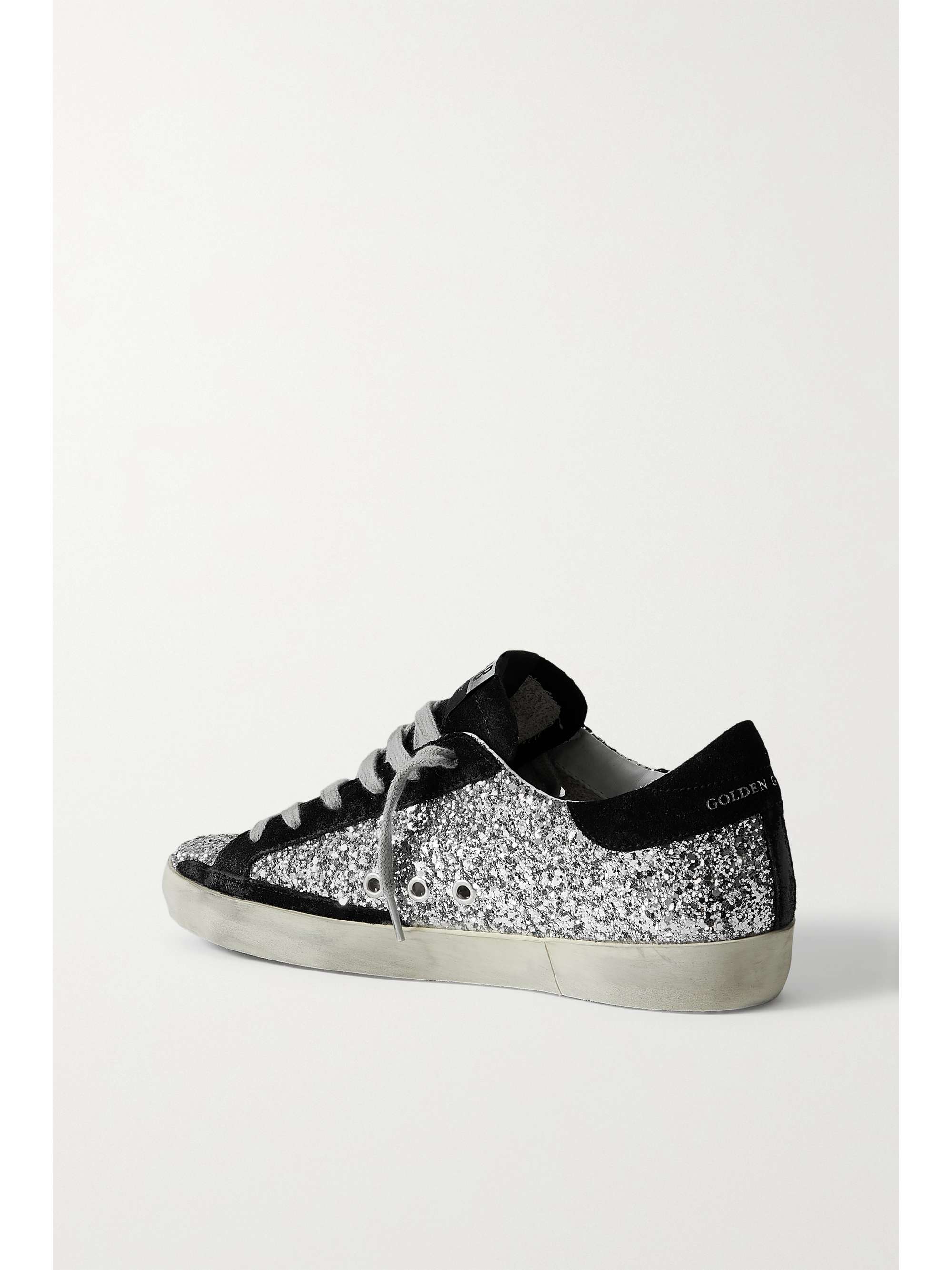 GOLDEN GOOSE Superstar glittered distressed leather and suede sneakers
