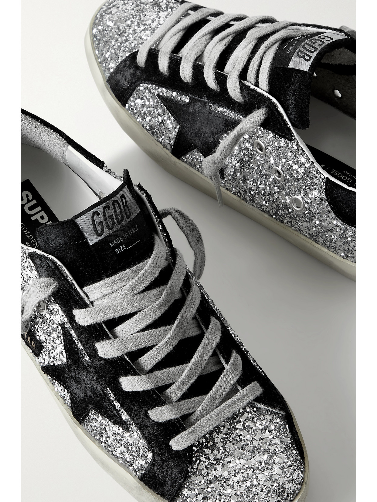 Golden Goose Superstar Distressed Glittered Leather And Suede Sneakers In Silver