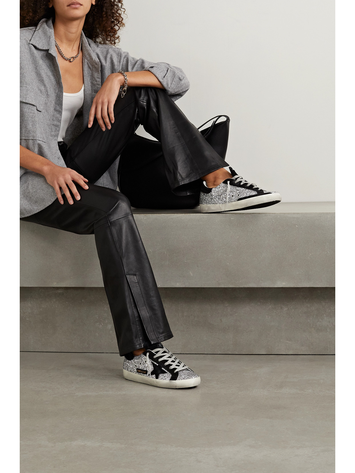 Golden Goose Superstar Distressed Glittered Leather And Suede Sneakers In Silver