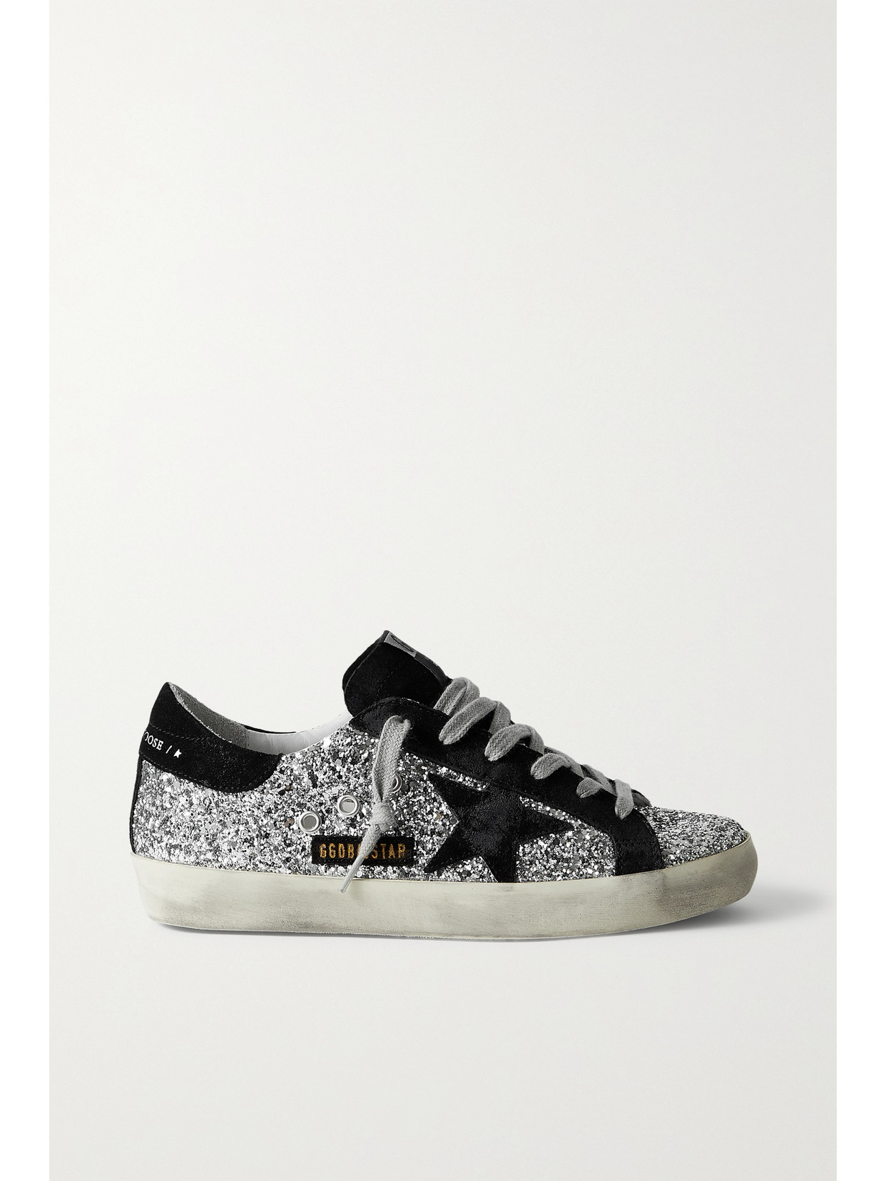 Golden Goose Superstar Distressed Glittered Leather And Suede Sneakers In Silver