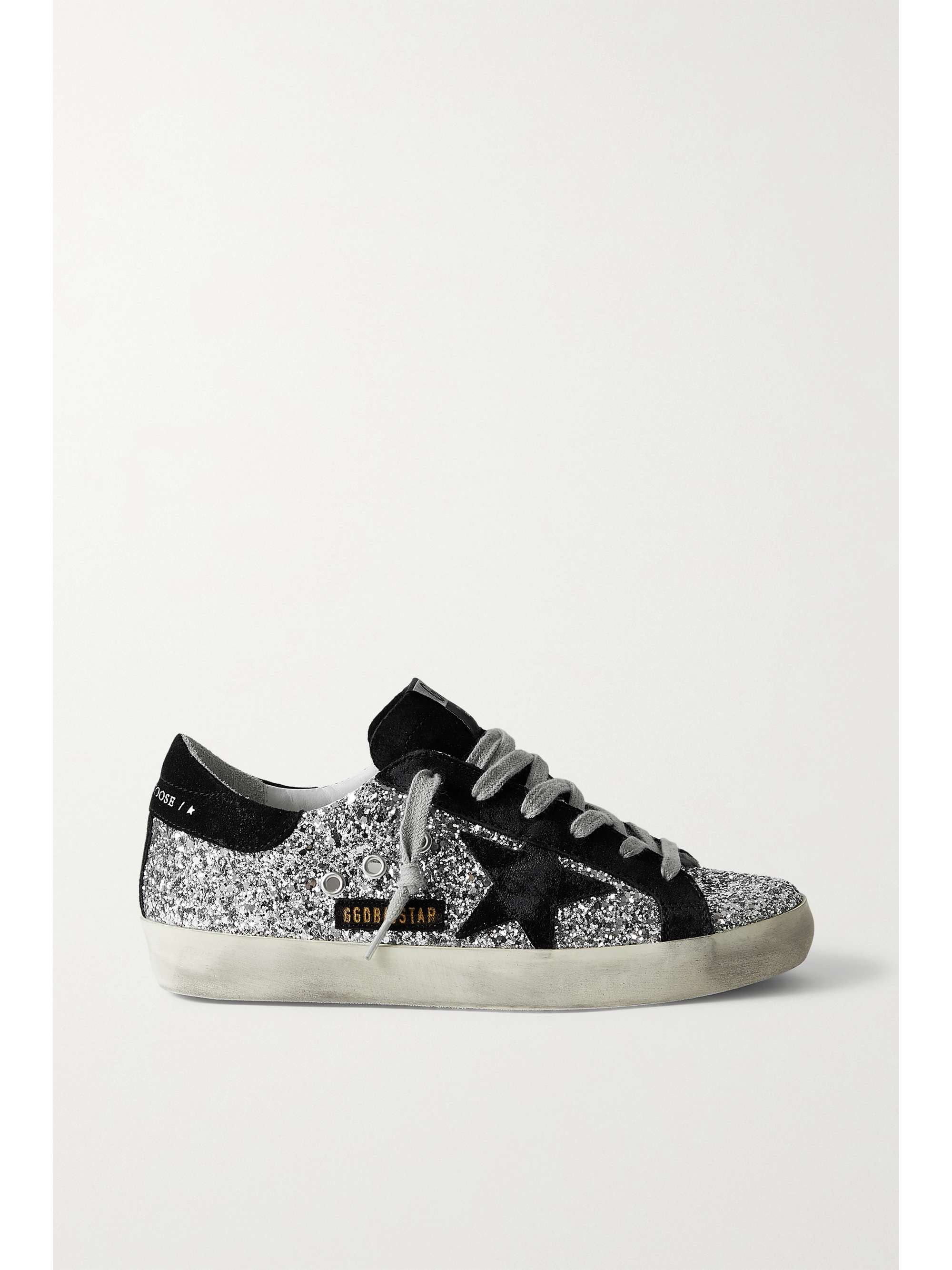 GOLDEN GOOSE Superstar distressed glittered leather and suede sneakers ...