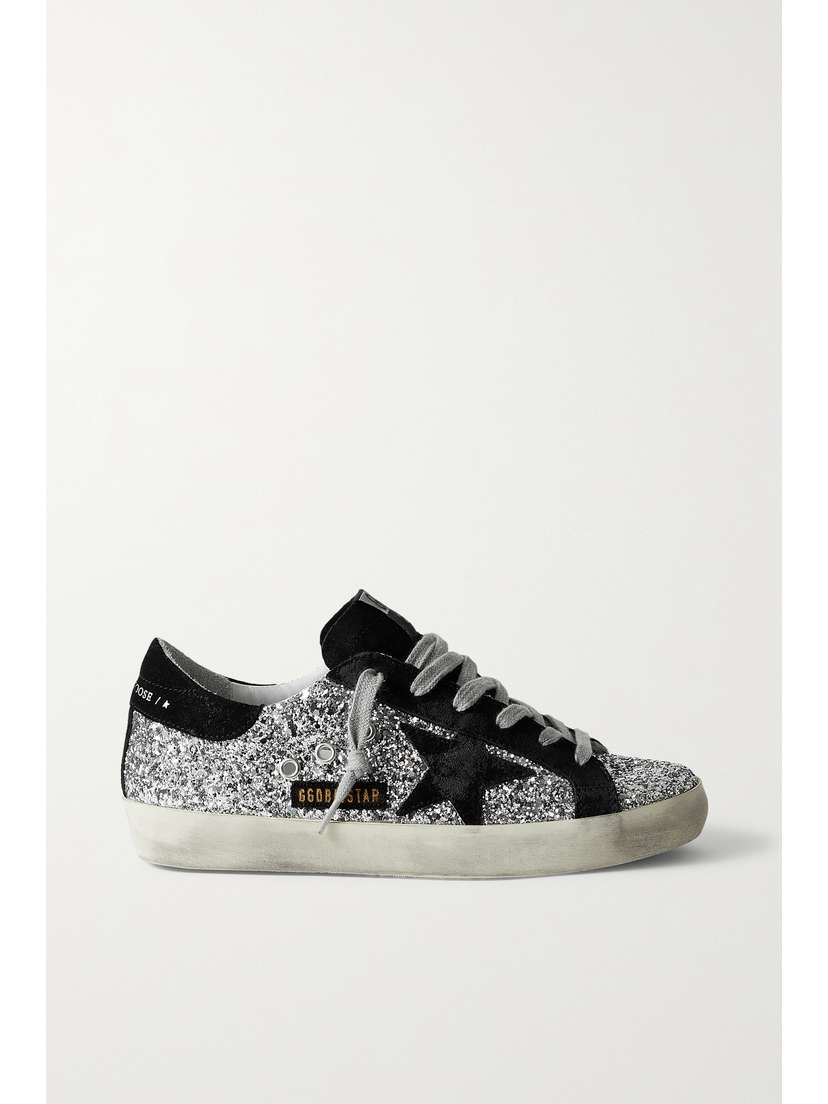 Golden Goose Superstar Distressed Glittered Leather And Suede Sneakers