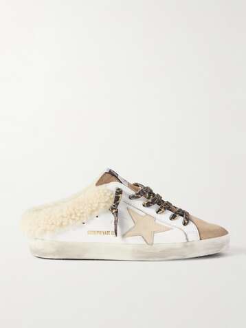 골든구스 Golden Goose Superstar Sabot shearling-lined distressed leather and suede slip-on sneakers,White