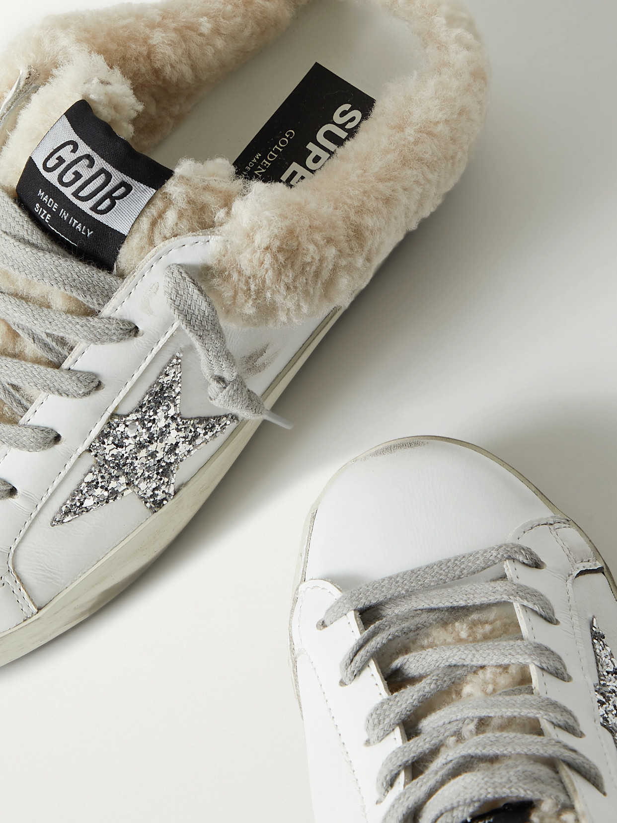 Shop Golden Goose Superstar Sabot Shearling-lined Distressed Glittered Leather Slip-on Sneakers In White