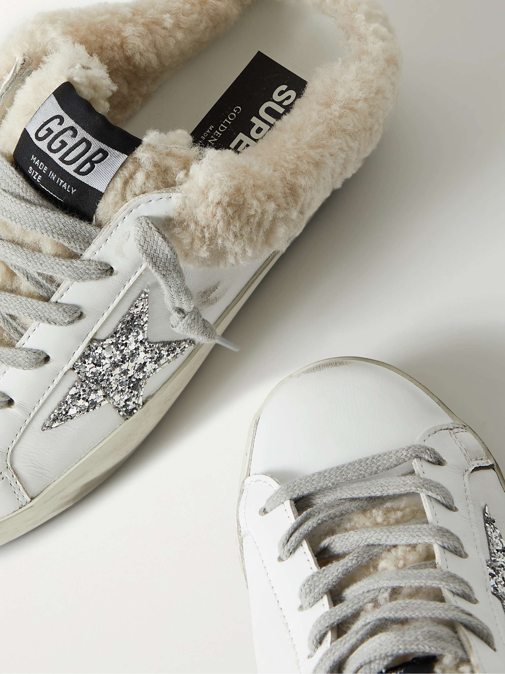 GOLDEN GOOSE Superstar Sabot shearling-lined distressed glittered leather  slip-on sneakers | NET-A-PORTER