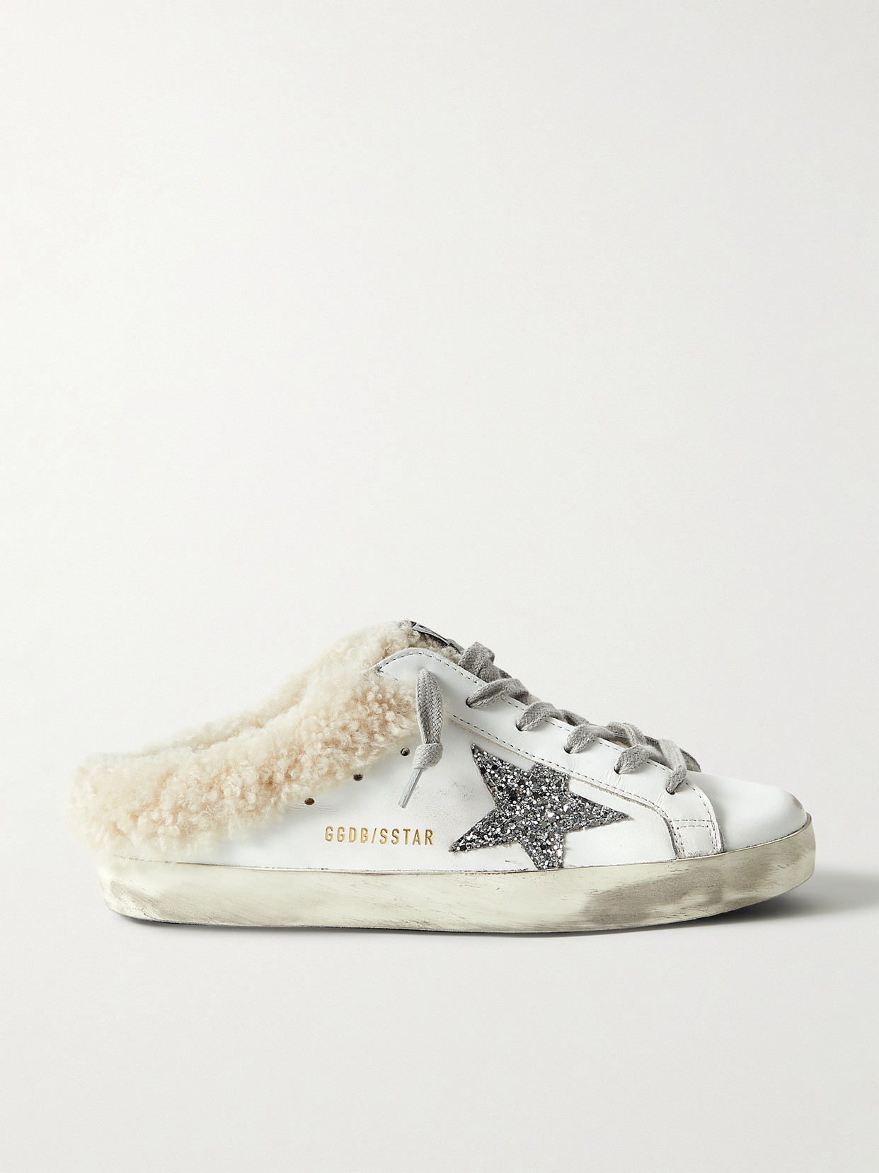 Golden Goose Superstar Sabot Shearling lined Distressed Glittered Leather Slip on Sneakers White