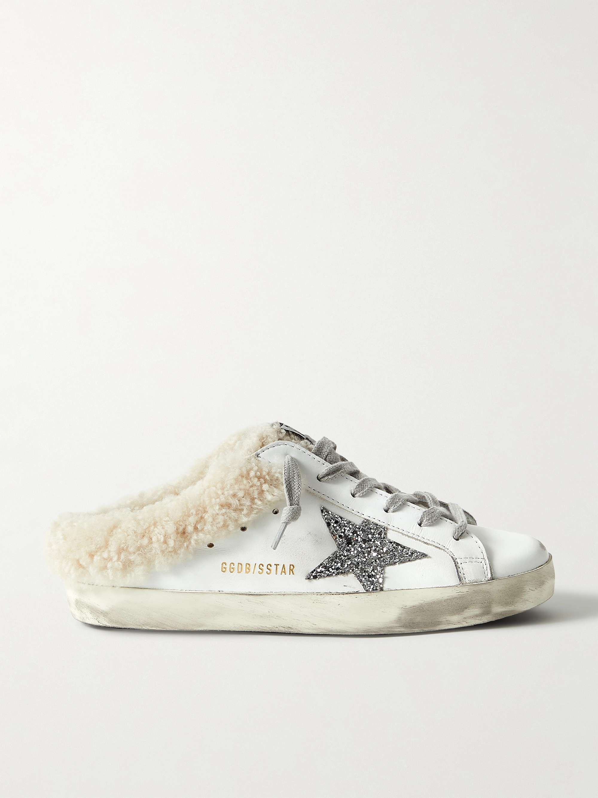 GOLDEN GOOSE Superstar Sabot shearling-lined distressed glittered leather  slip-on sneakers | NET-A-PORTER