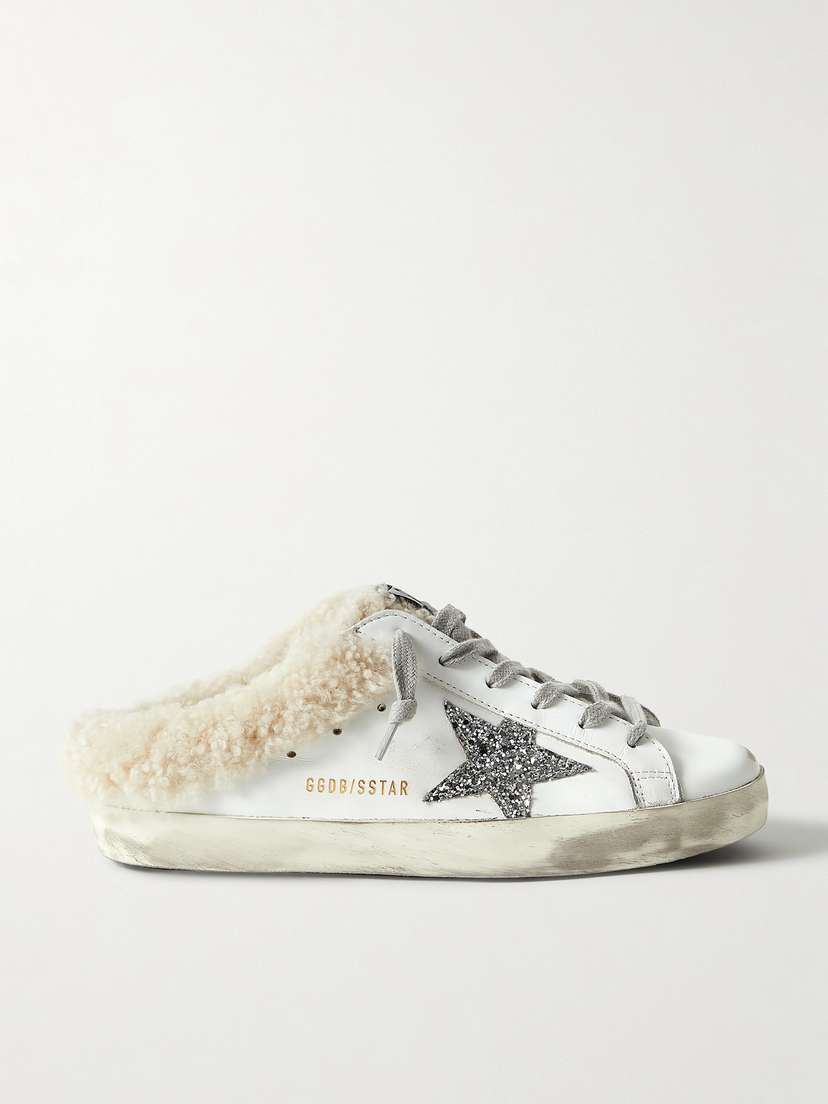 Golden Goose Superstar Sabot Shearling-lined Distressed Glittered Leather Slip-on Sneakers