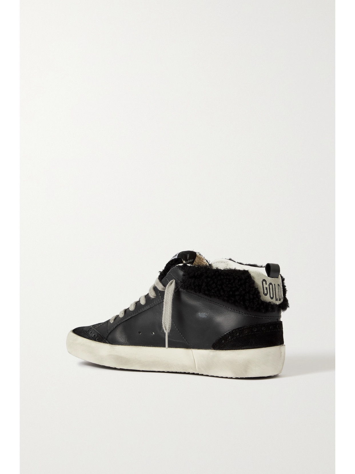 Golden Goose Mid Star Shearling-lined Distressed Leather And Suede Sneakers In Black