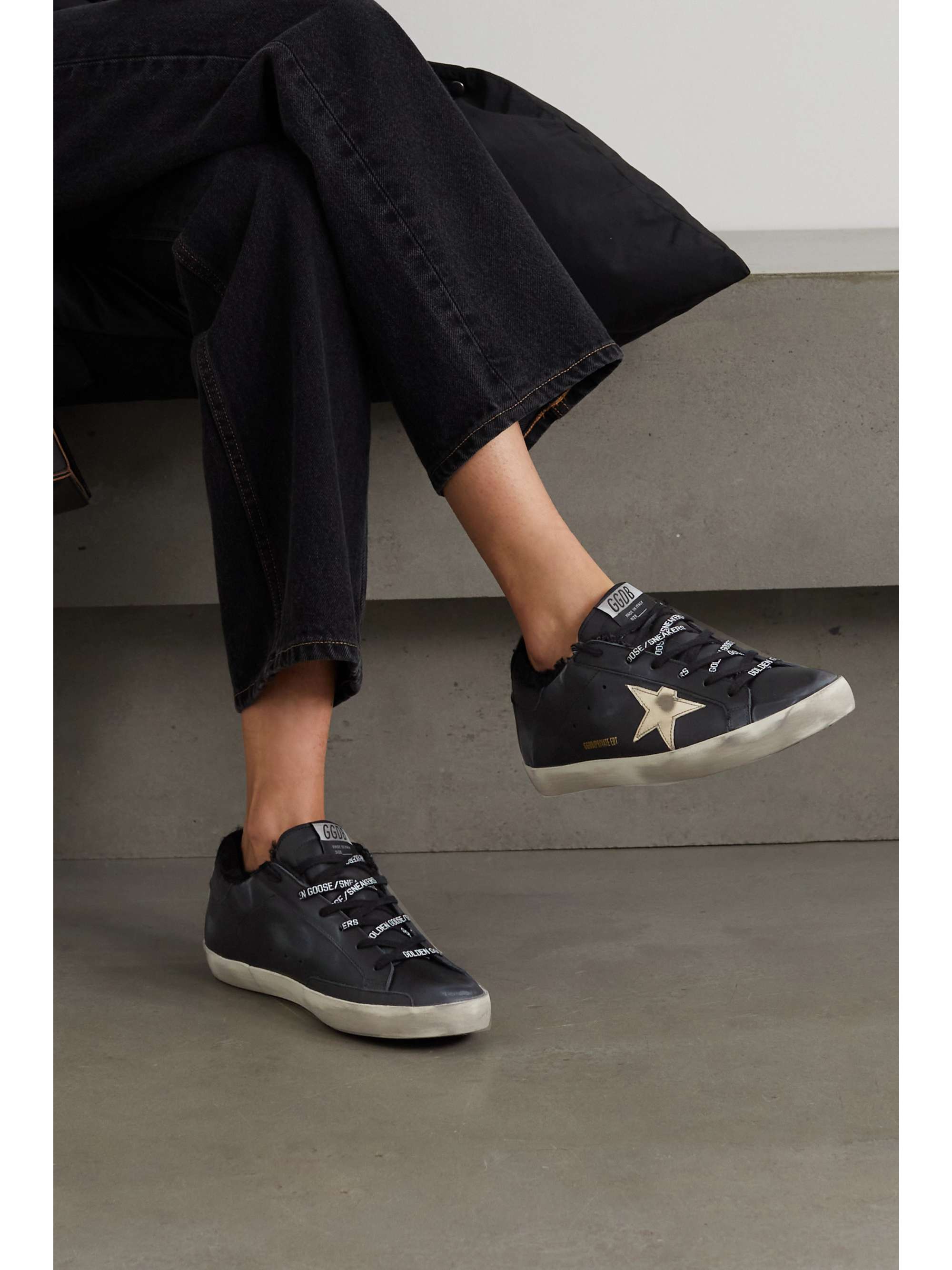 GOLDEN GOOSE Superstar shearling-lined distressed leather sneakers |  NET-A-PORTER