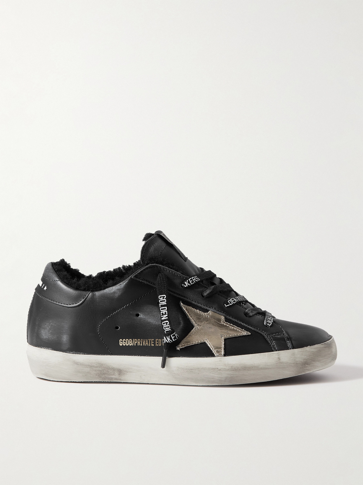 Golden Goose Superstar Shearling-lined Distressed Leather Sneakers In Black