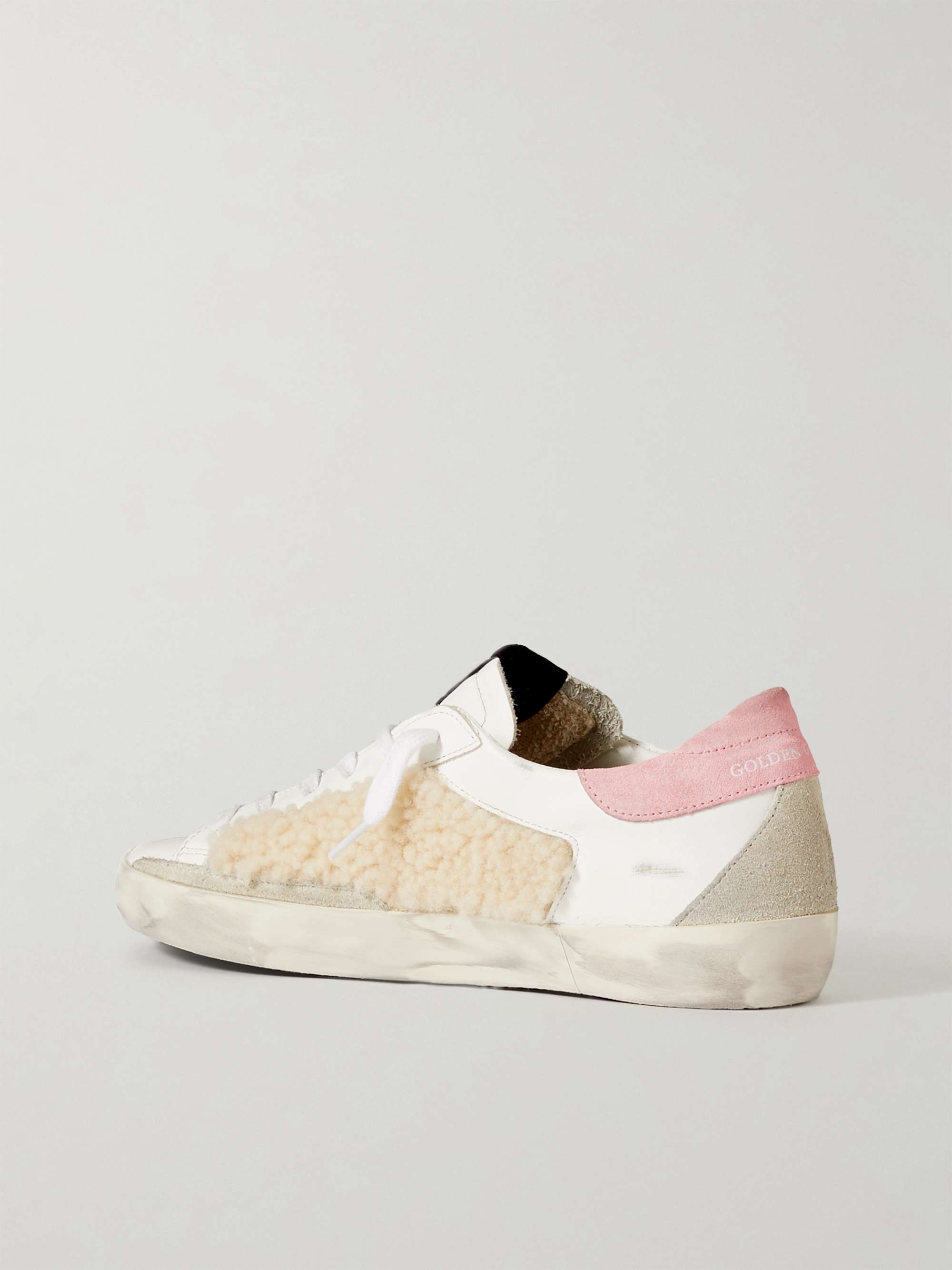 GOLDEN GOOSE Superstar shearling-trimmed distressed leather and suede sneakers