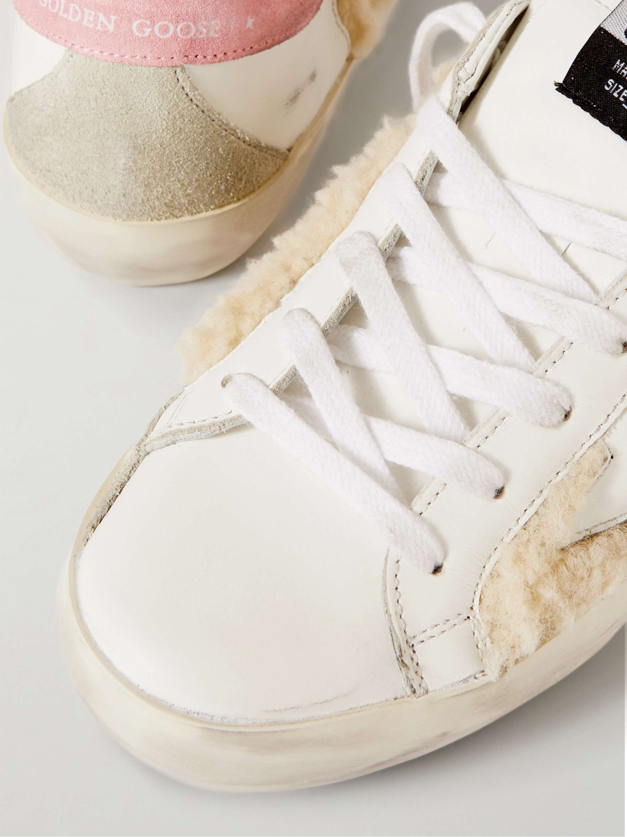 GOLDEN GOOSE Superstar shearling-trimmed distressed leather and suede sneakers