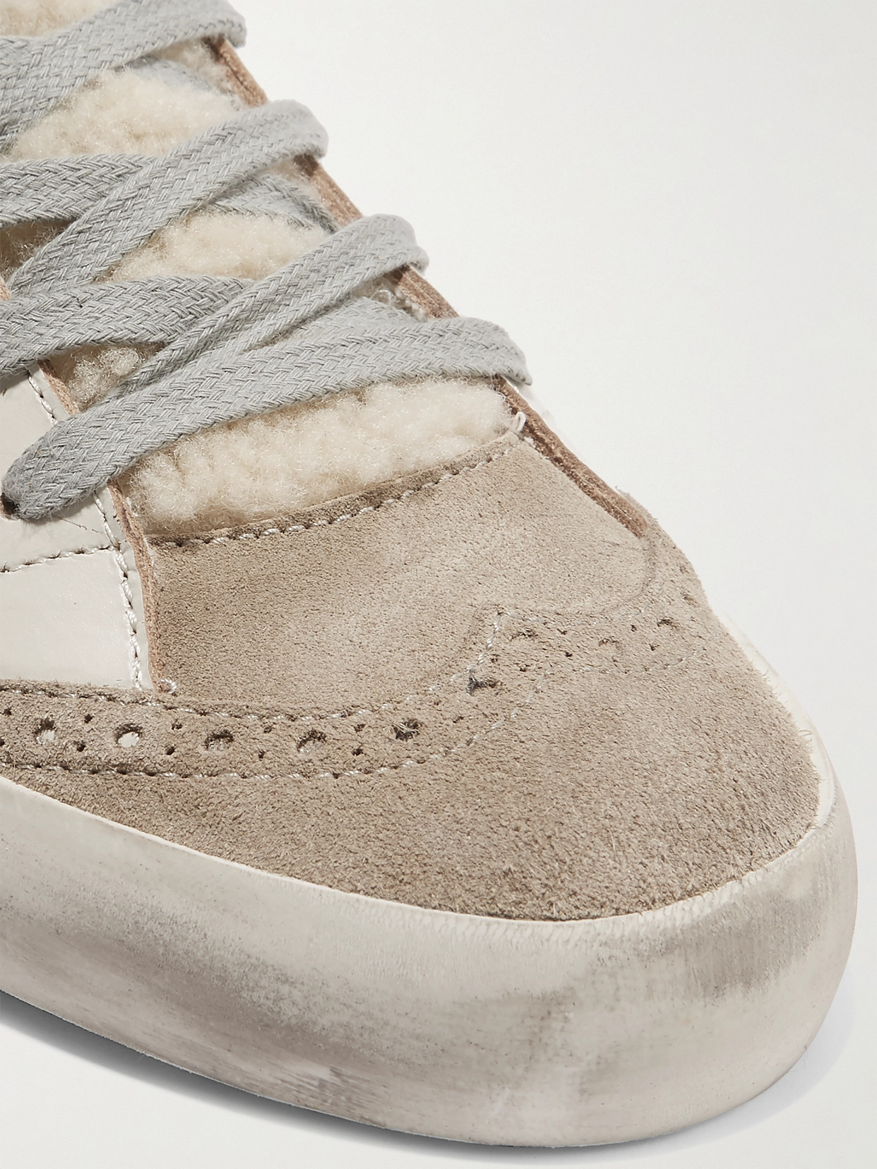 Golden Goose Mid Star Distressed Leather, Suede And Shearling Sneakers In Neutrals
