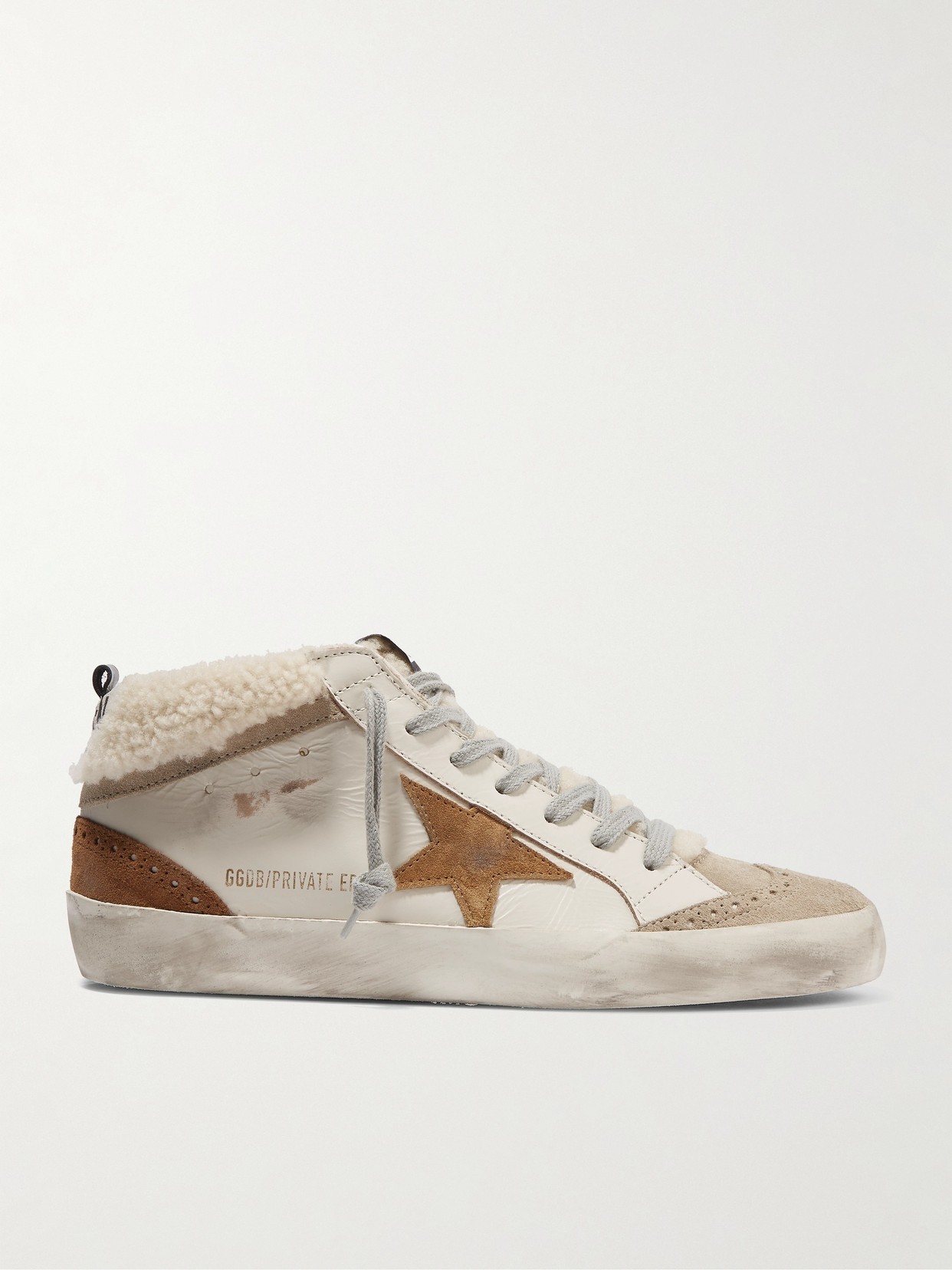 Golden Goose Mid Star Distressed Leather, Suede And Shearling Sneakers In Neutrals