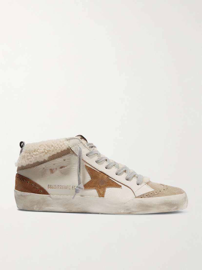 Golden Goose Mid Star Distressed Leather, Suede And Shearling Sneakers