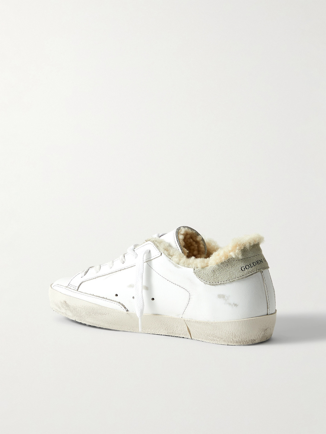 Shop Golden Goose Superstar Shearling-lined Distressed Glittered Leather Sneakers In White