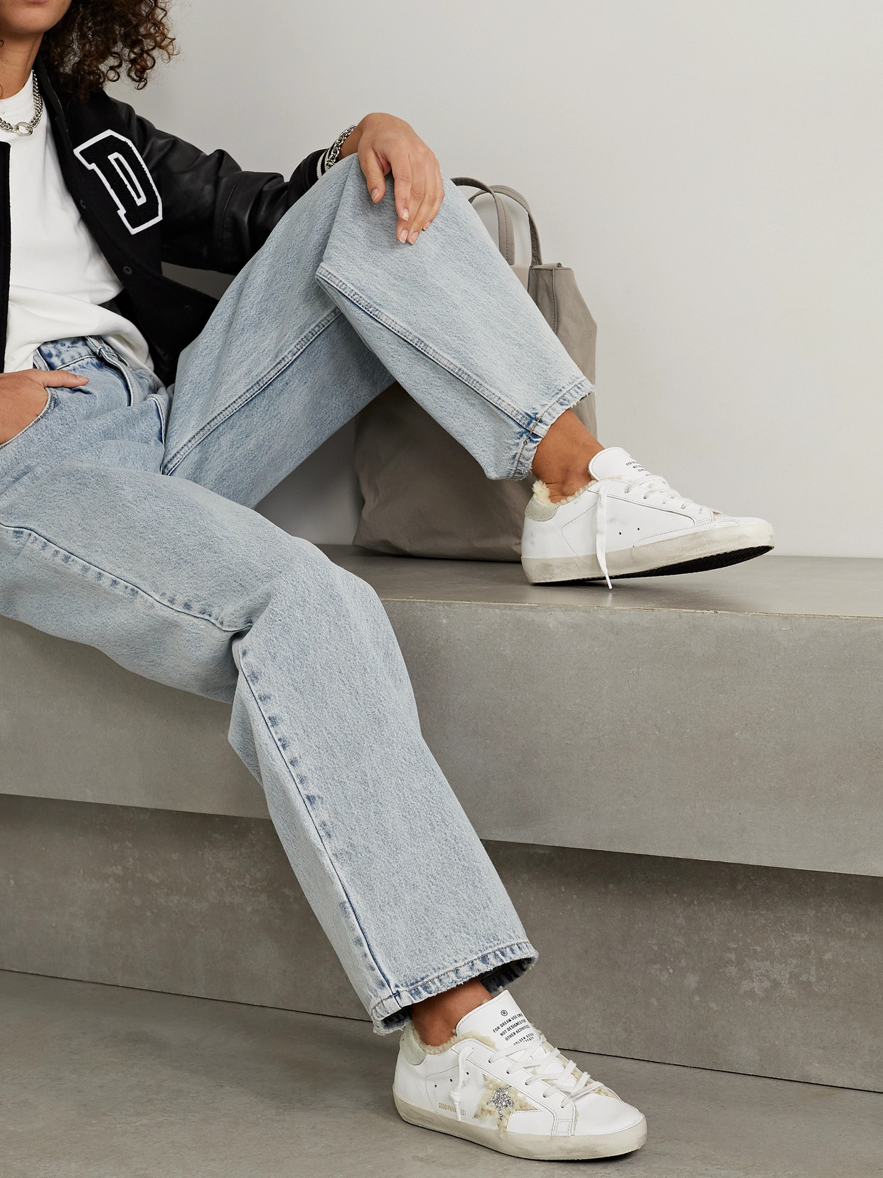 Shop Golden Goose Superstar Shearling-lined Distressed Glittered Leather Sneakers In White