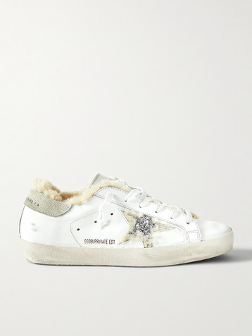 Golden Goose Superstar shearling-lined distressed glittered leather sneakers