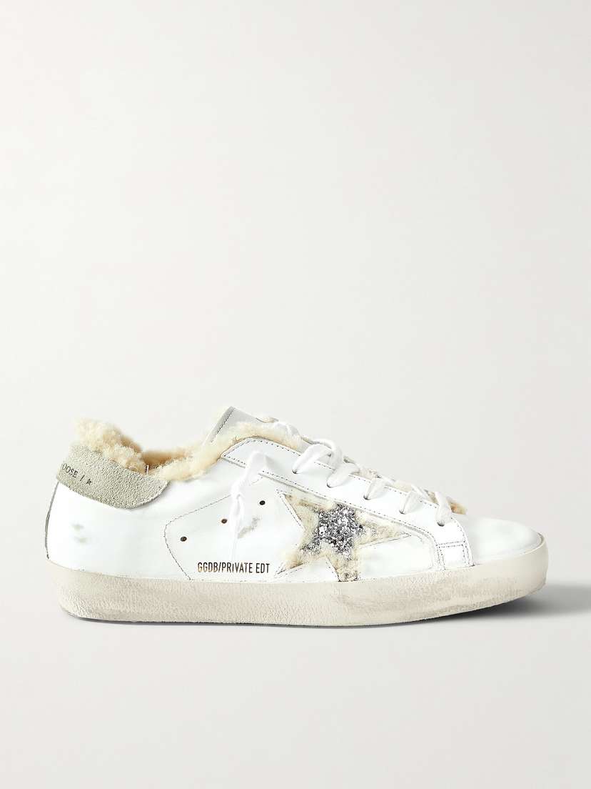 Golden Goose Superstar Shearling-lined Distressed Glittered Leather Sneakers
