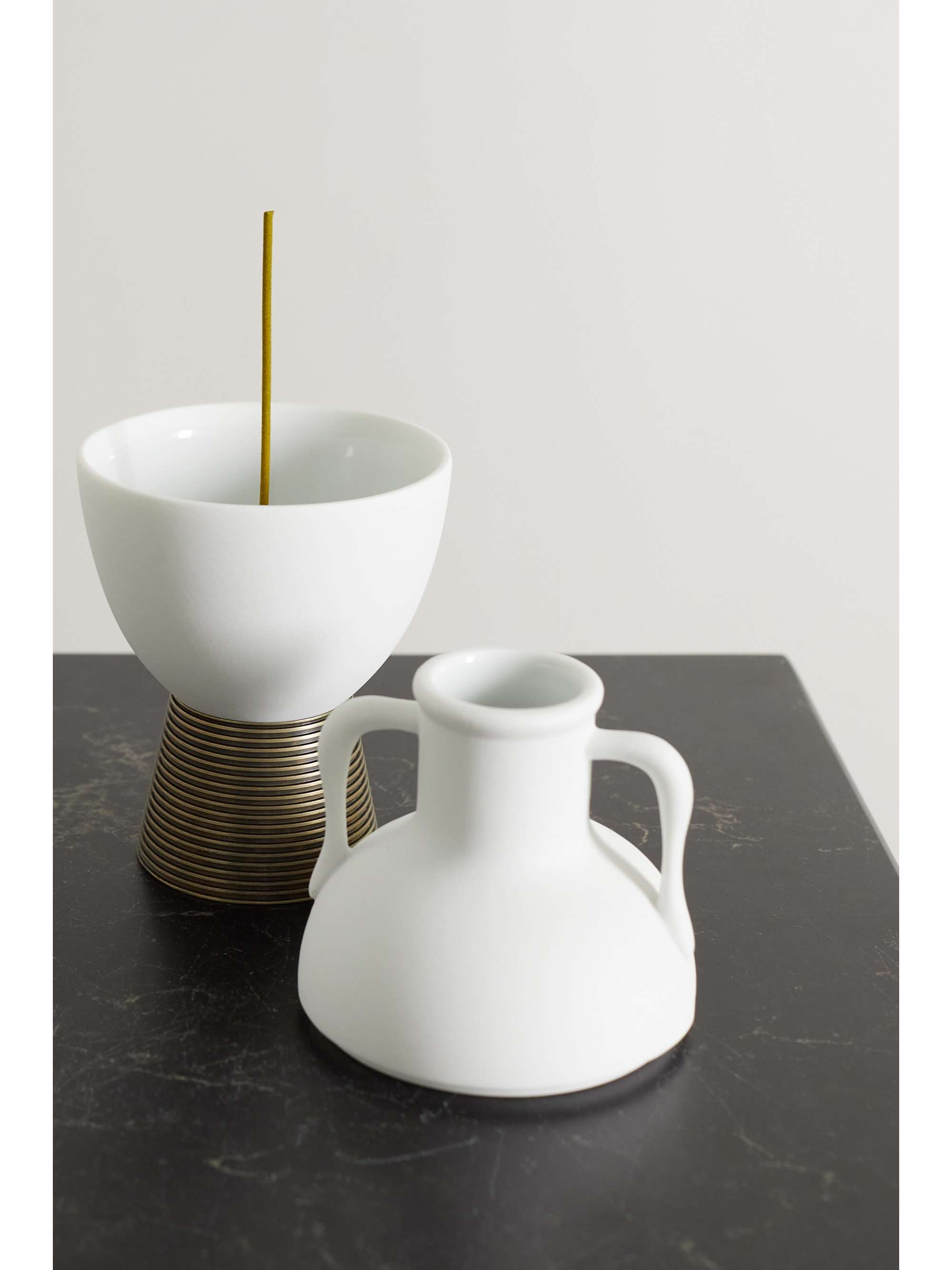 L'OBJET Porcelain and brass incense holder