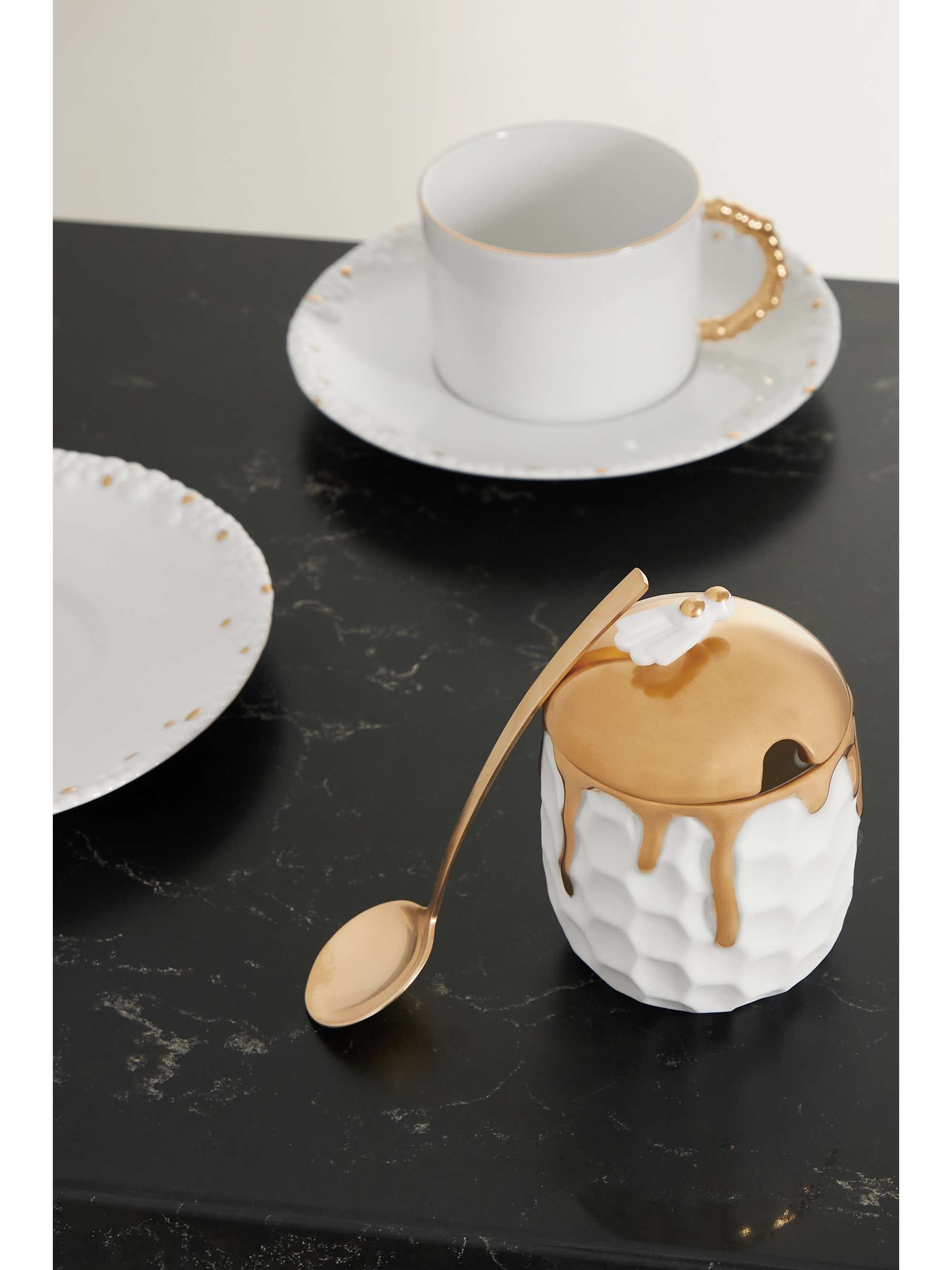 L'OBJET Beehive gold-plated porcelain honeypot and spoon