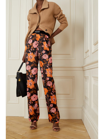 Tom Ford Velvet-trimmed floral-print stretch-silk satin pants