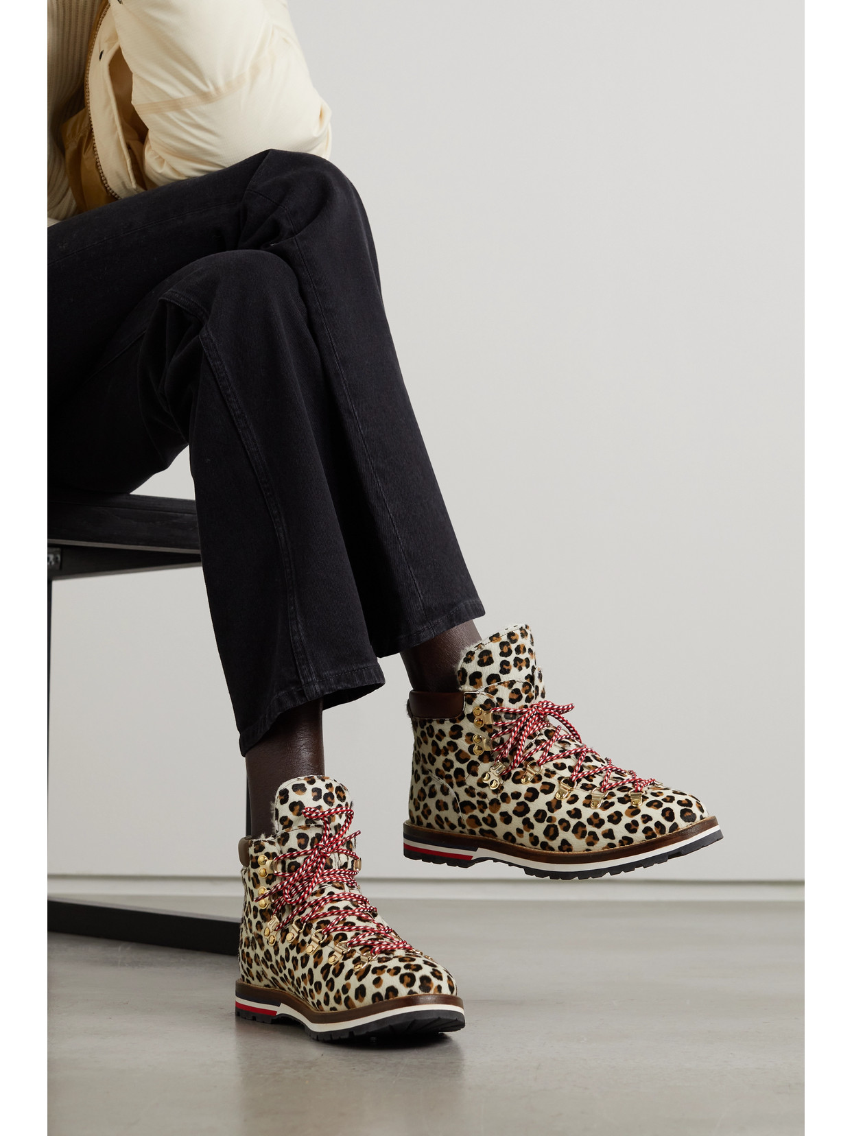 MONCLER BLANCHE SHEARLING-LINED CALF HAIR ANKLE BOOTS