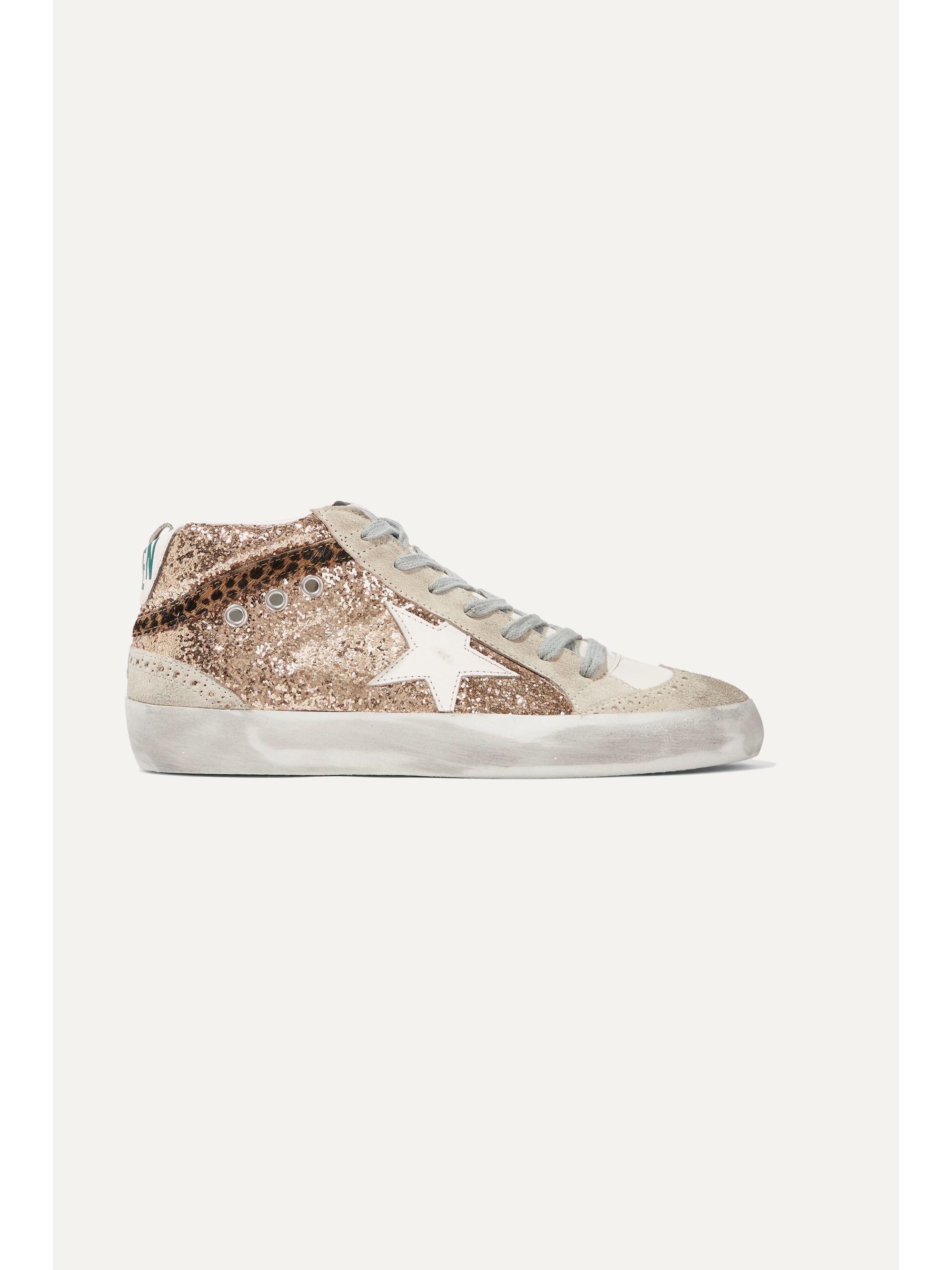 golden goose mid star distressed glittered leather and suede sneakers