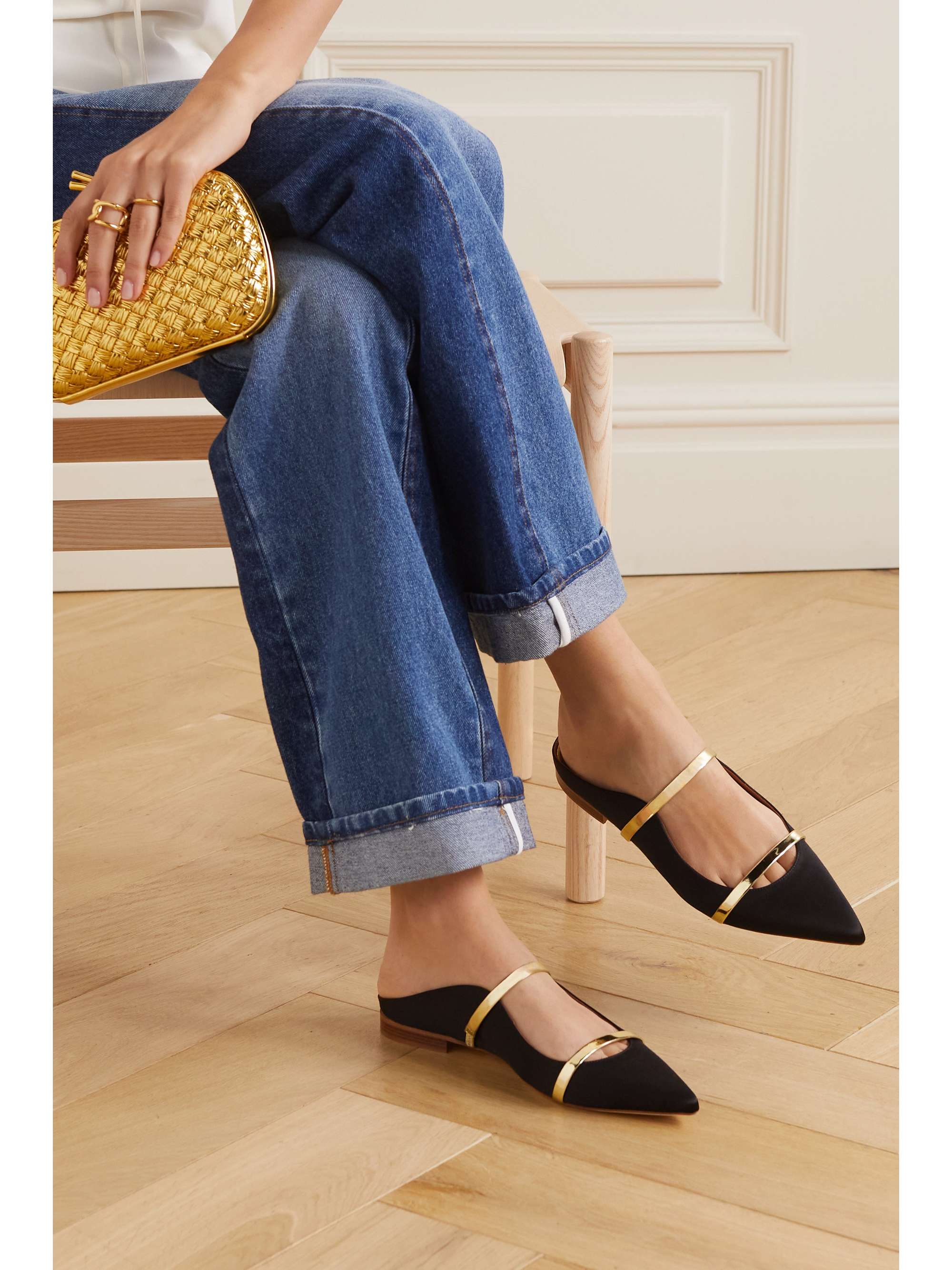 MALONE SOULIERS Maureen metallic leather-trimmed satin point-toe flats