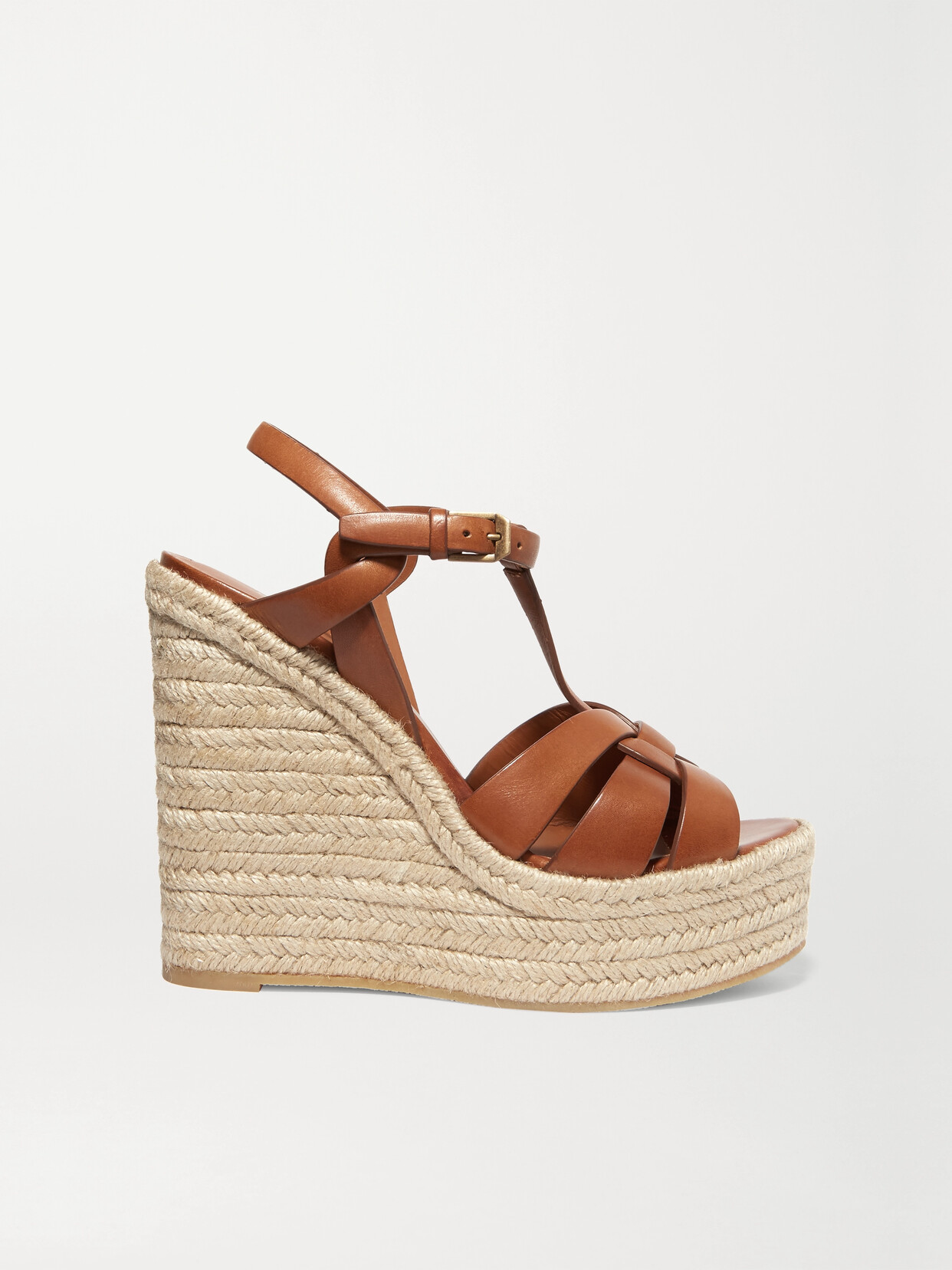 Saint Laurent Tribute Woven Leather Espadrille Wedge Sandals In Tan