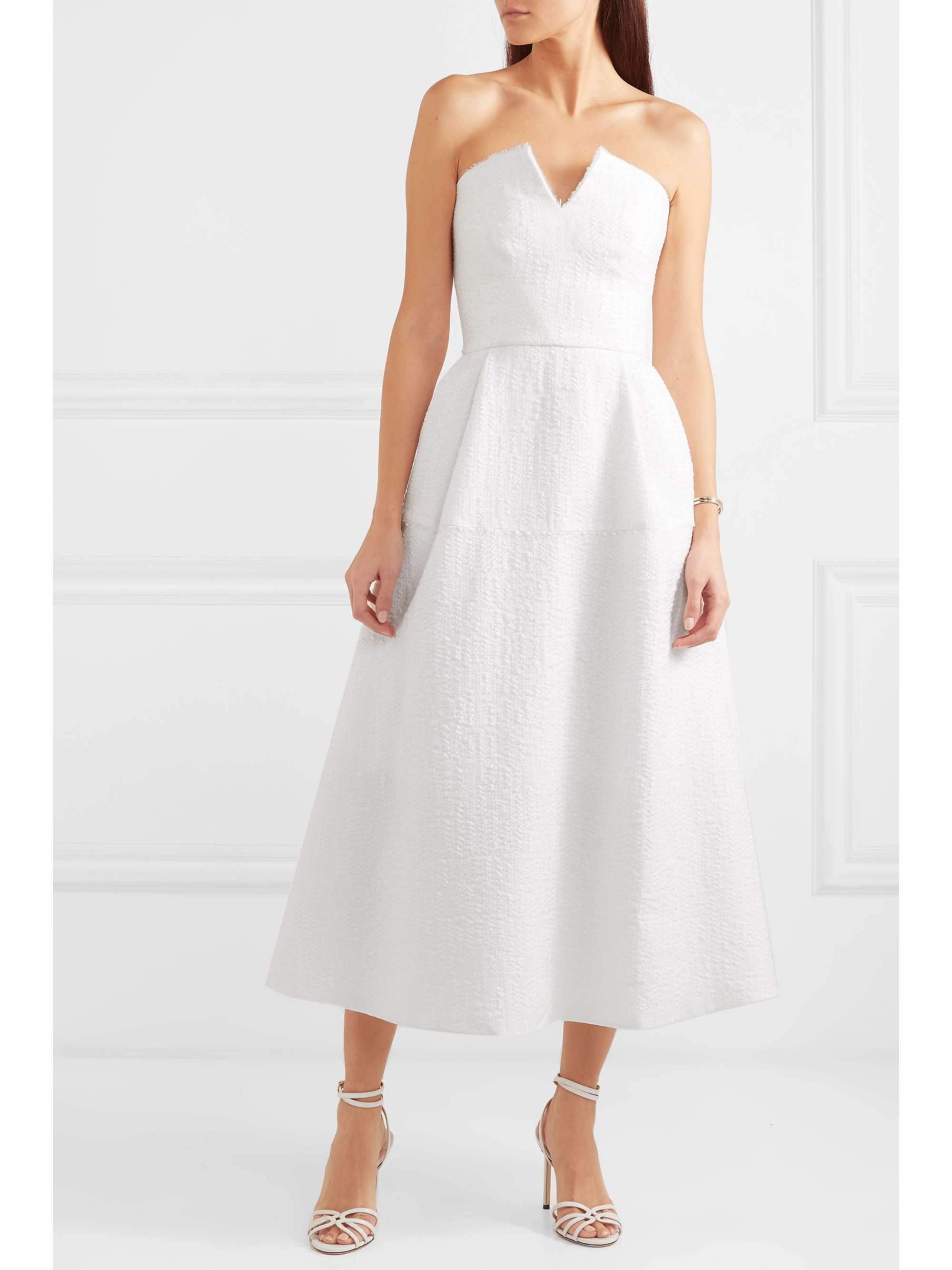 ROLAND MOURET Aldrich strapless frayed cloqué midi dress